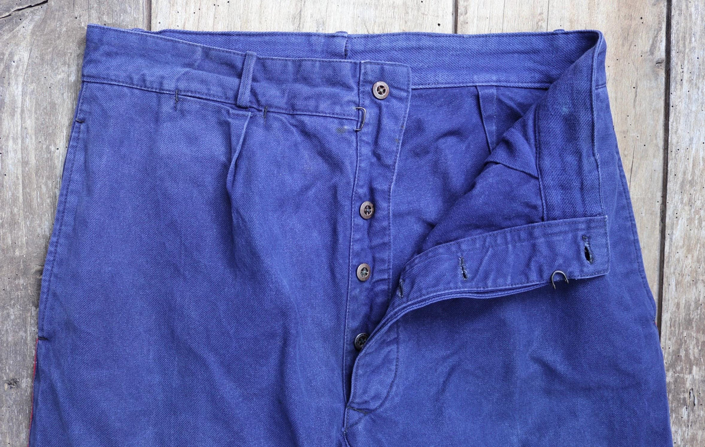 Vintage French work trousers pants 1950s 1960s indigo blue cotton twill fireman firefighter 32” x 27” workwear sapeurs pompiers