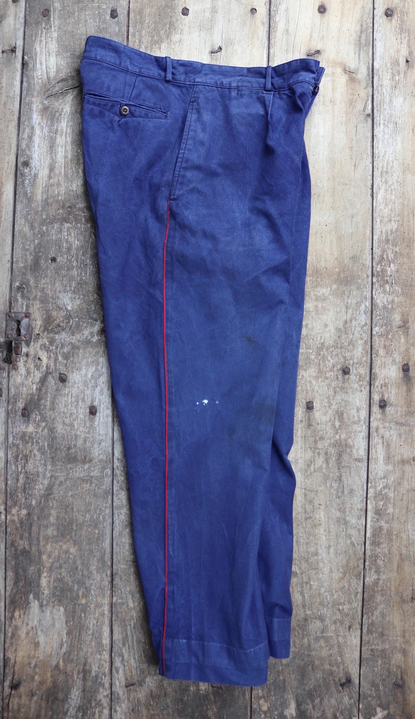 Vintage French work trousers pants 1950s 1960s indigo blue cotton twill fireman firefighter 32” x 27” workwear sapeurs pompiers