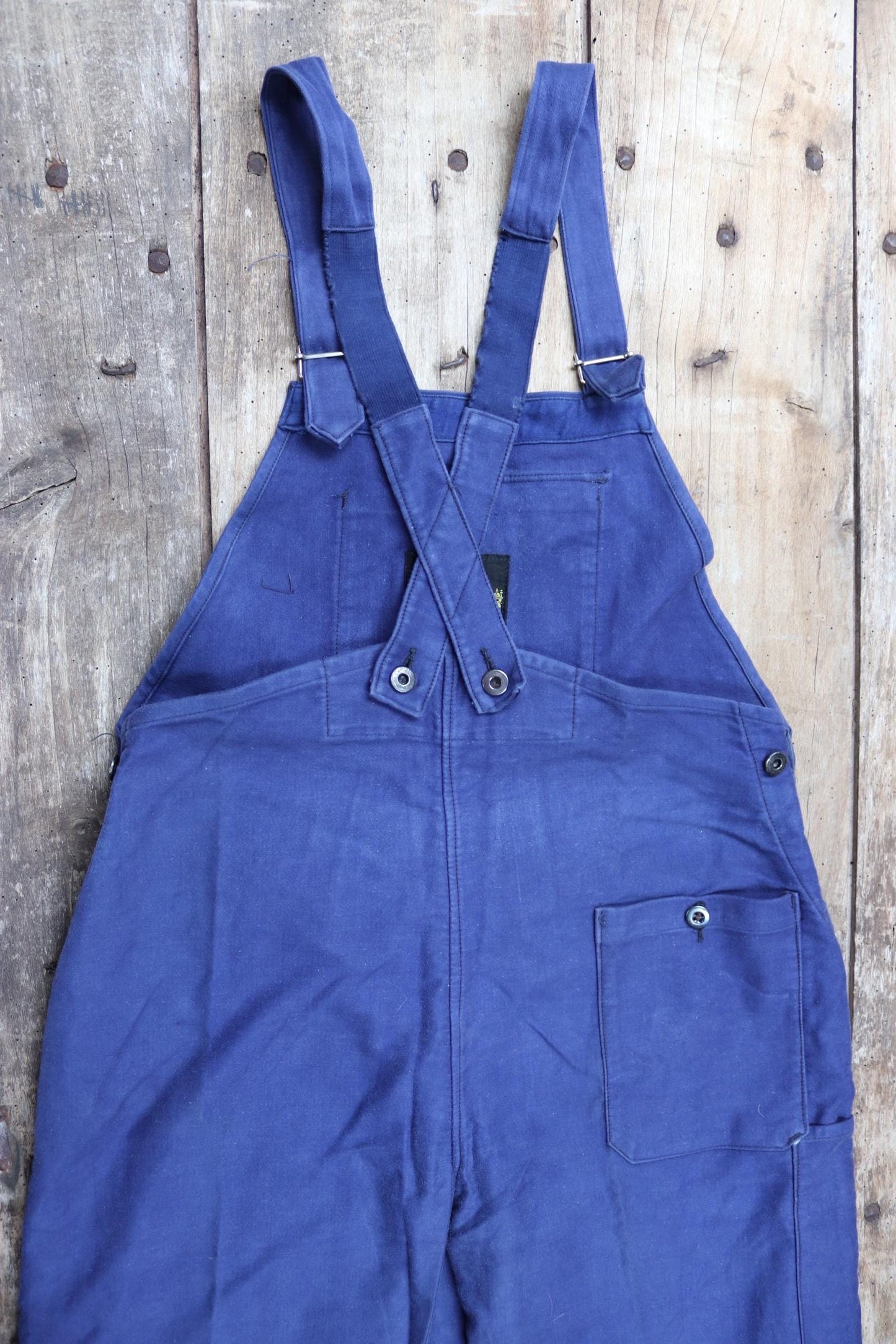 Vintage French workweara overalls dungarees moleskin 1950s 1960s work chore bib brace 34” x 27” bleu de travail