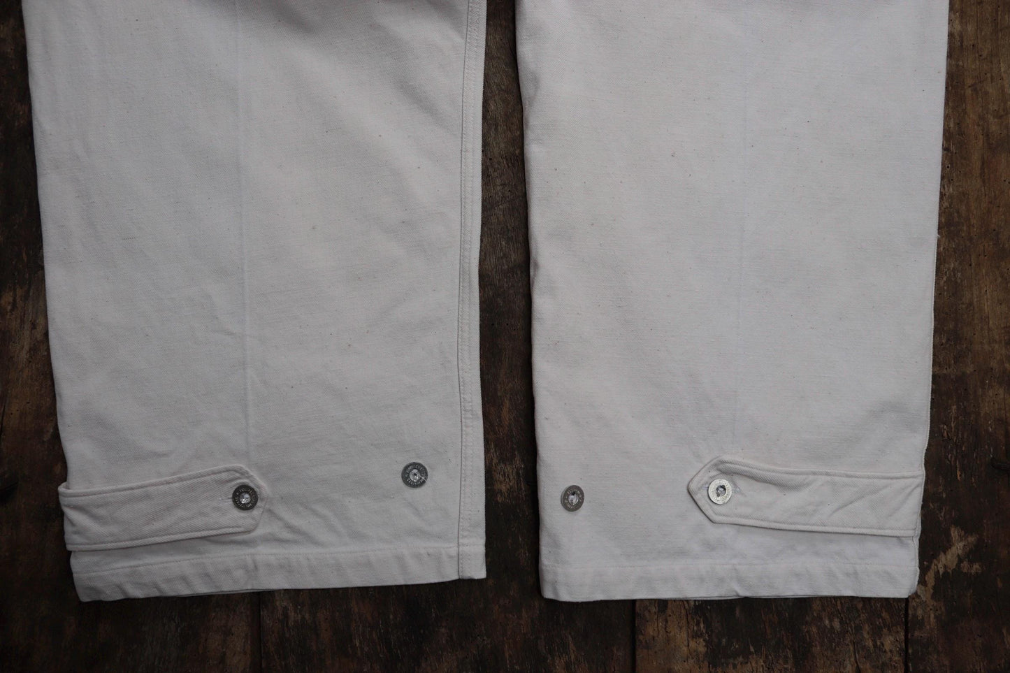 Vintage French buckle back trousers workwear 1940s 1950s deadstock military hospital ecru work chore 41” x 33”