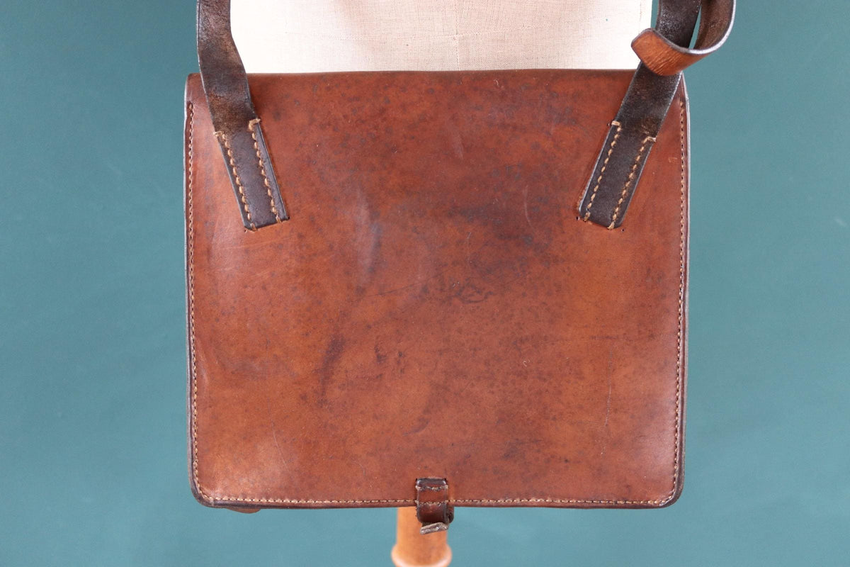 Vintage 1930s brown leather bag - 1940s Swedish military workwear - shoulder satchel - luggage