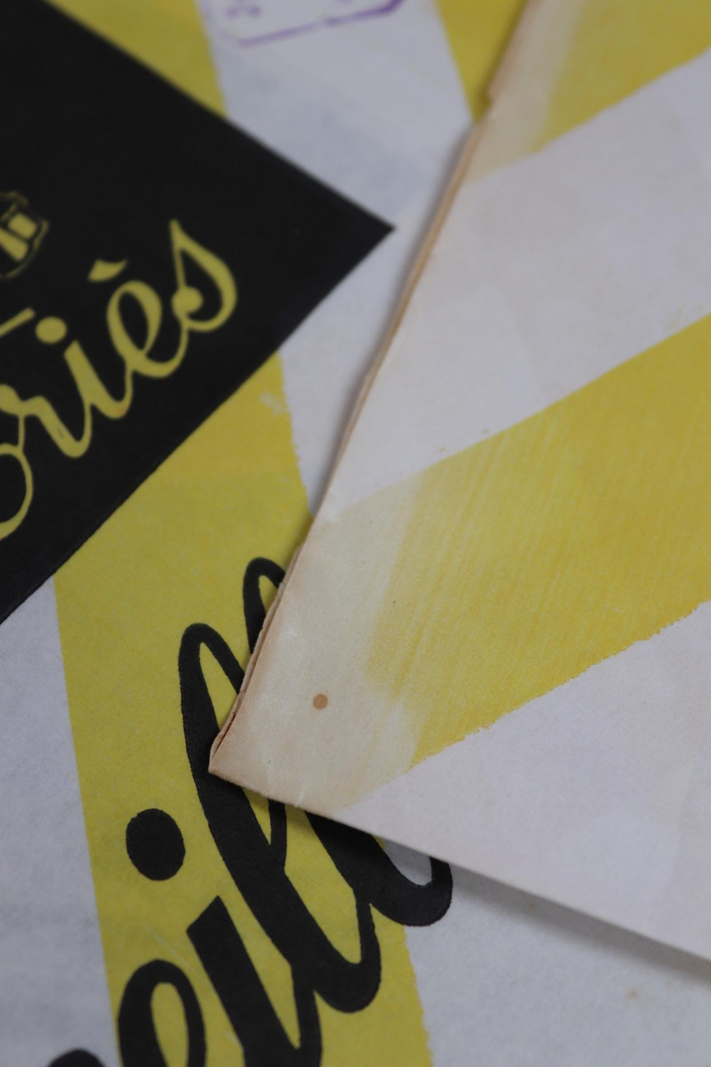 Vintage 1950s French paper print art Le Mont St Michel yellow white striped bag advertising stamped workwear work chore display collectible
