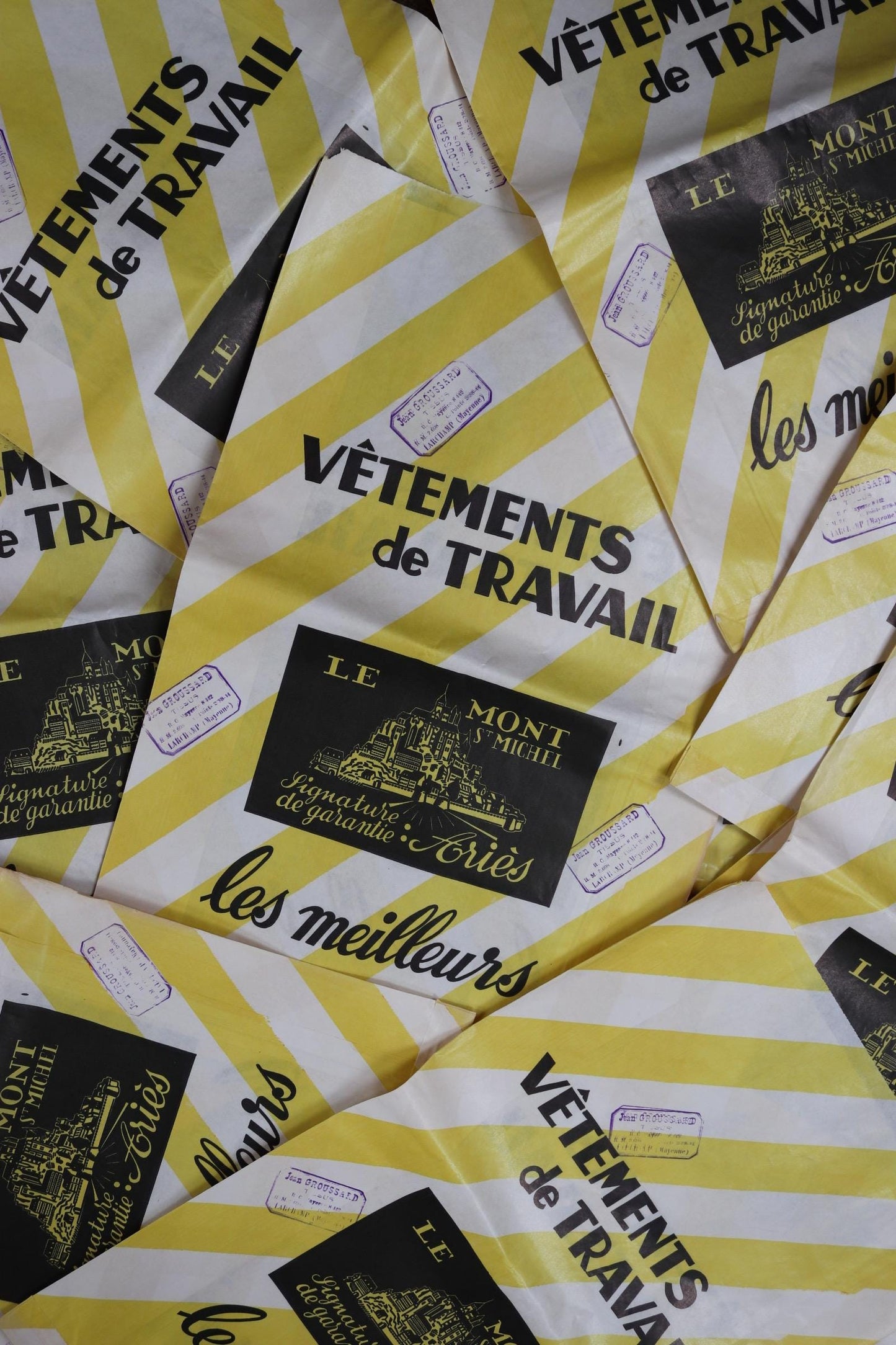 Vintage 1950s French paper print art Le Mont St Michel yellow white striped bag advertising stamped workwear work chore display collectible