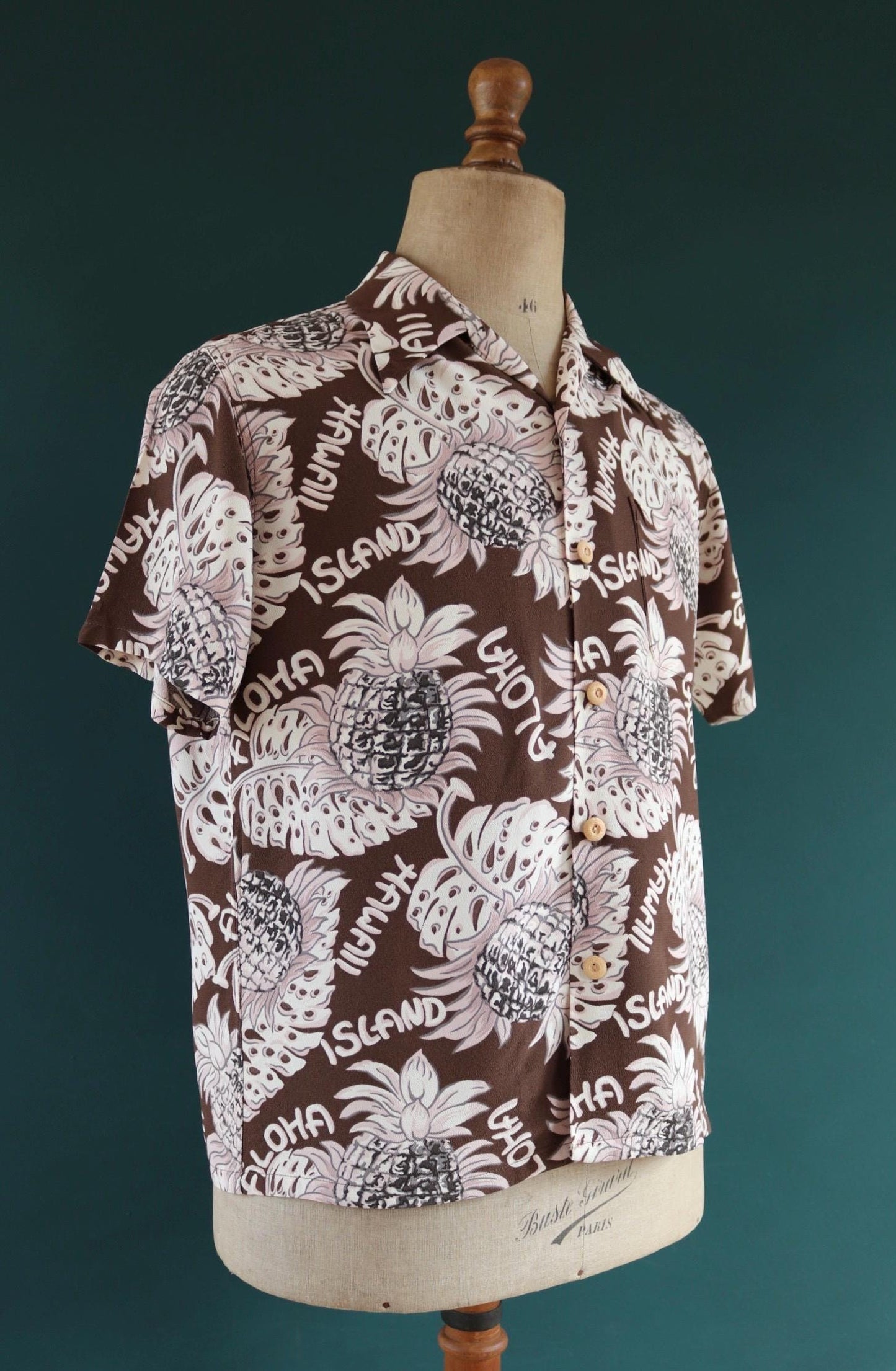 Vintage Edwin rayon Hawaiian shirt - reproduction - brown pink - pineapple print - tiki Aloha - 42” chest