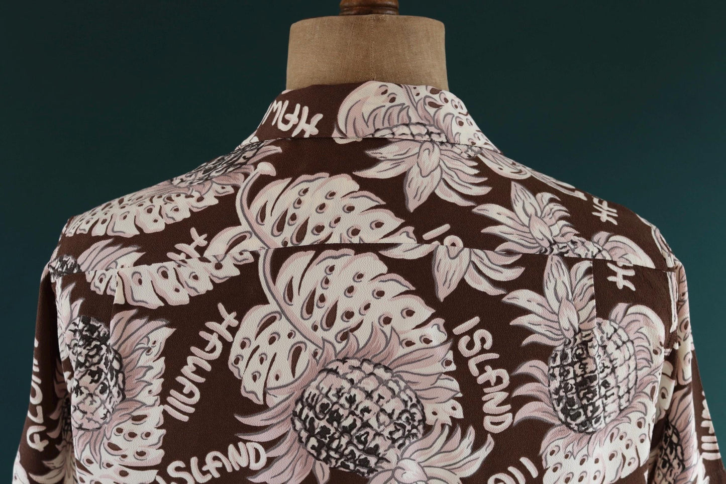 Vintage Edwin rayon Hawaiian shirt - reproduction - brown pink - pineapple print - tiki Aloha - 42” chest