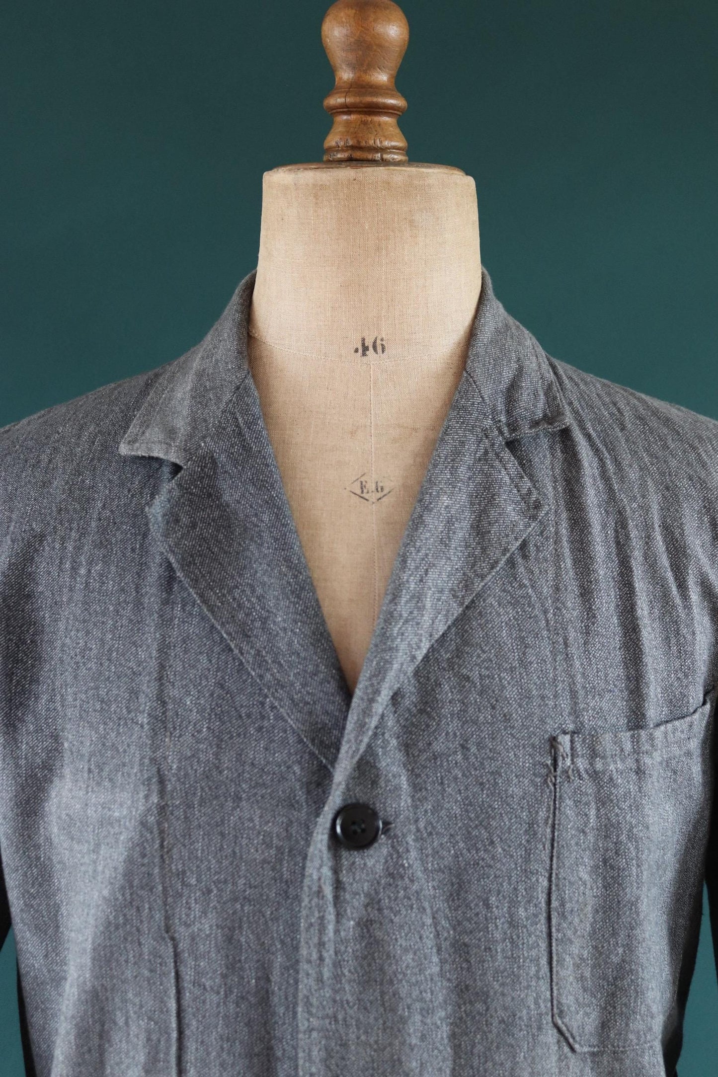Vintage French workwear jacket salt pepper grey long coat overall 1950s 1960s factory machinist 44” chest selvedge