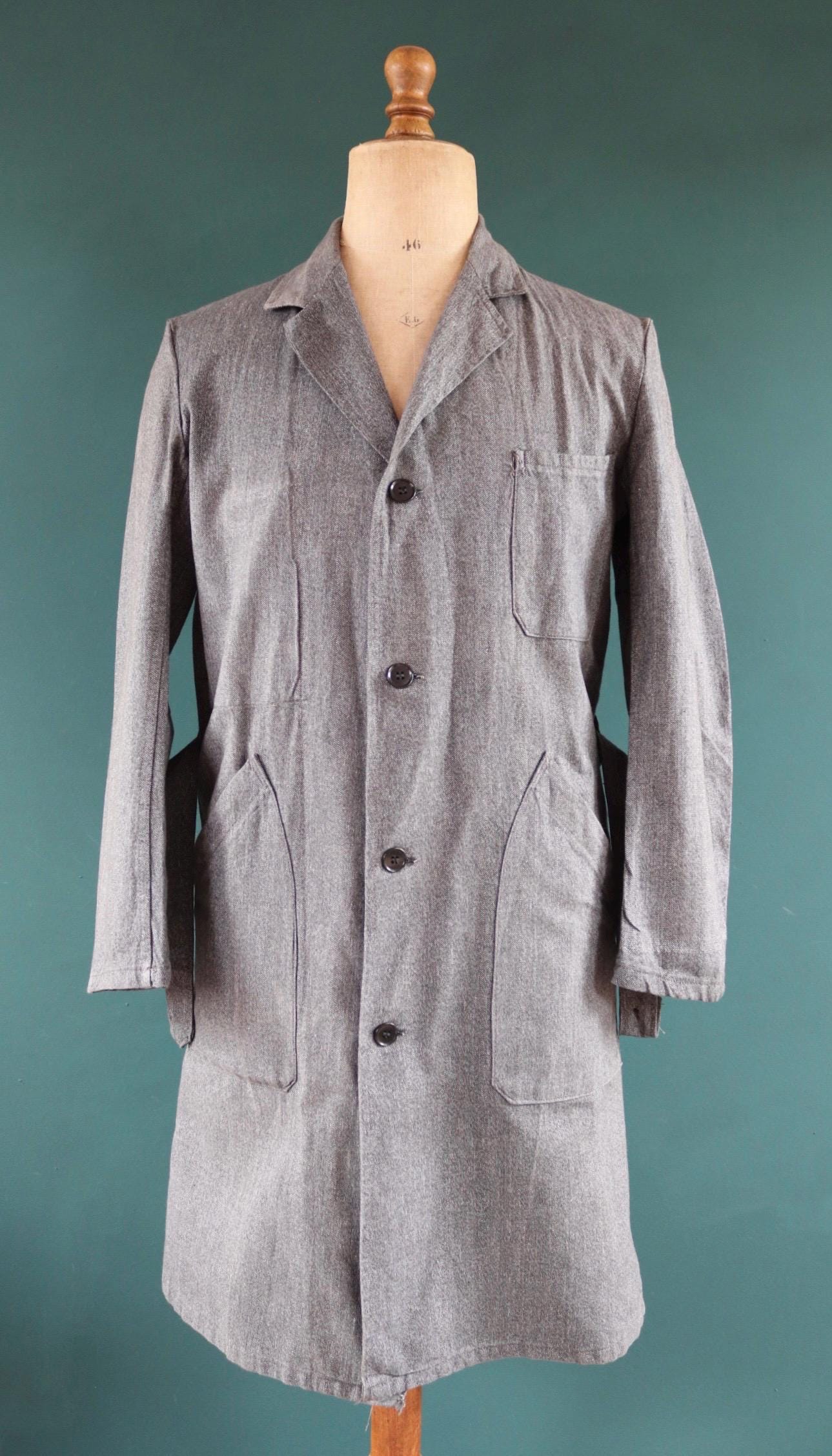Vintage French workwear jacket salt pepper grey long coat overall 1950s 1960s factory machinist 44” chest selvedge