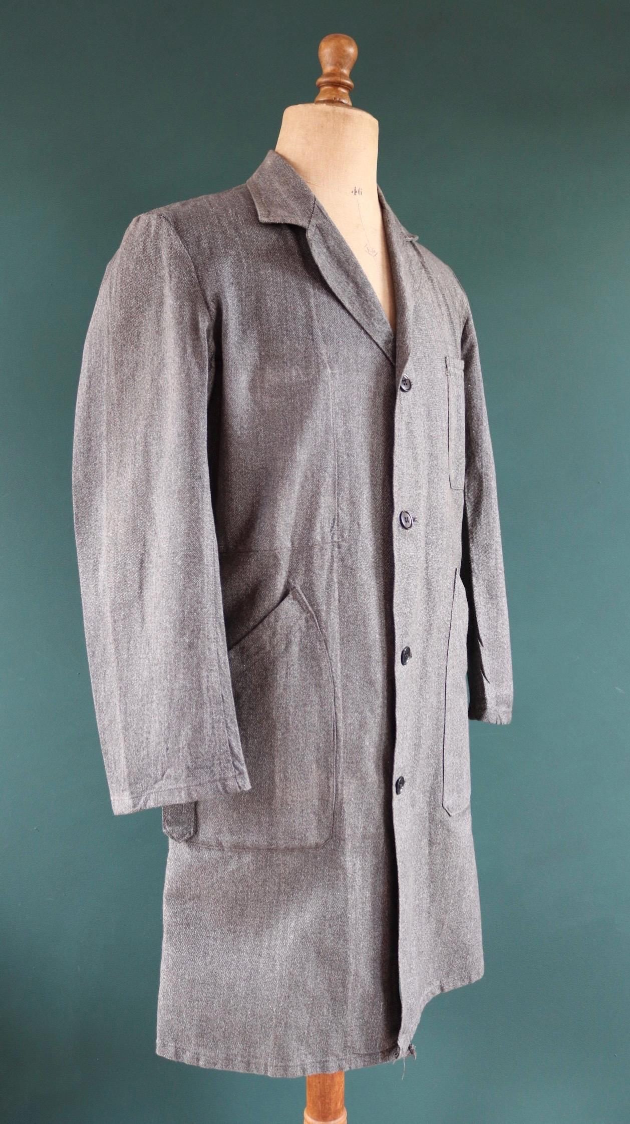 Vintage French workwear jacket salt pepper grey long coat overall 1950s 1960s factory machinist 44” chest selvedge
