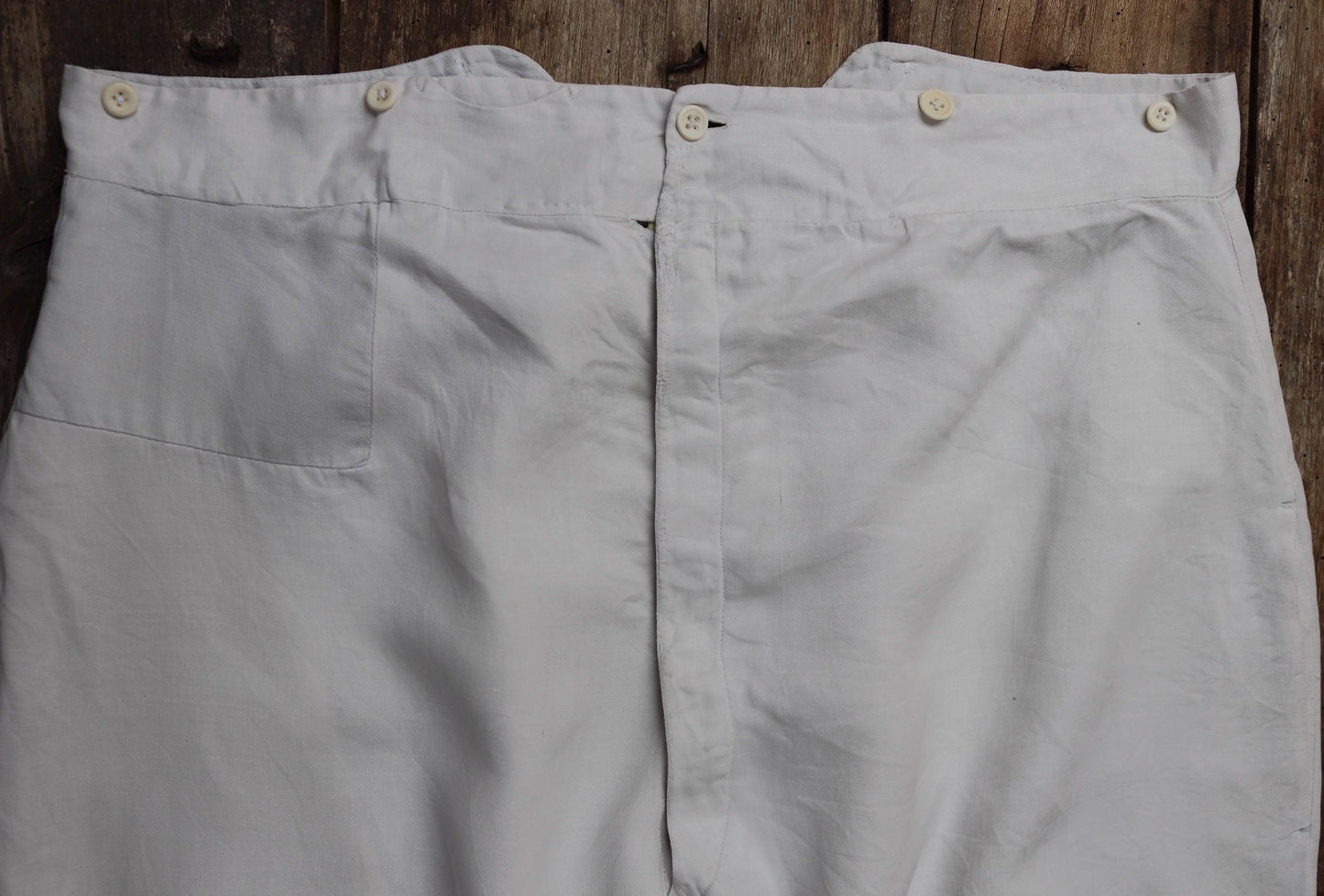Vintage 1910s 1920s French trousers pants white cotton 41” x 31” riviera beach fishtail v notch cinch back balloon leg bone buttons
