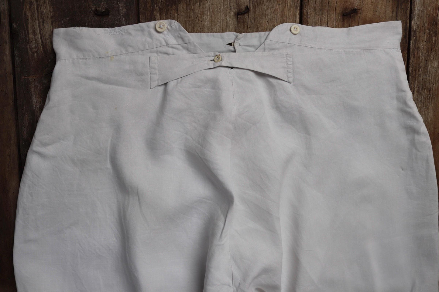 Vintage 1910s 1920s French trousers pants white cotton 41” x 31” riviera beach fishtail v notch cinch back balloon leg bone buttons