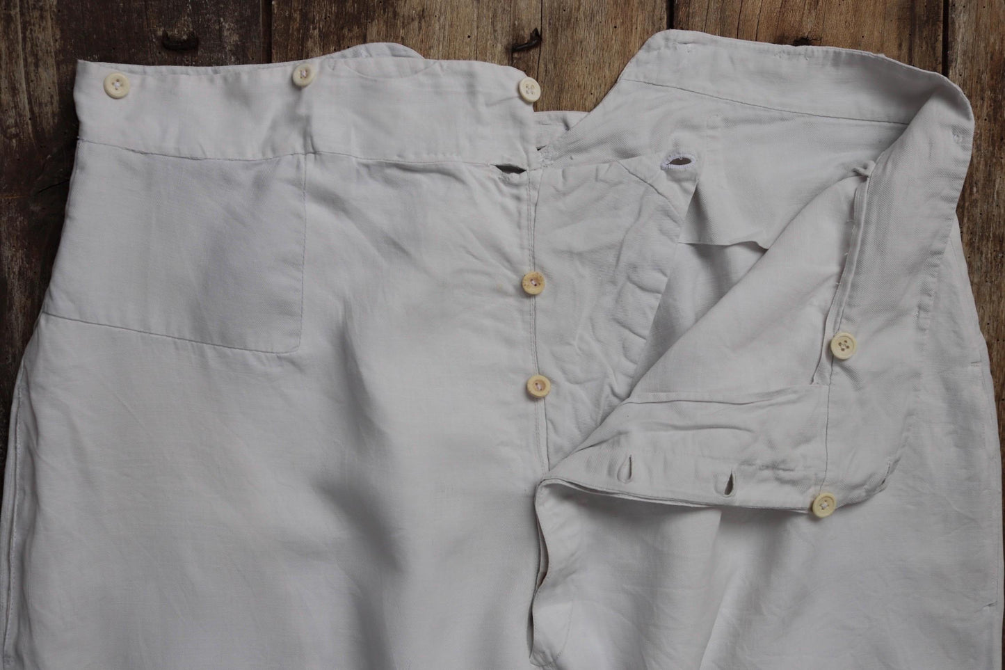 Vintage 1910s 1920s French trousers pants white cotton 41” x 31” riviera beach fishtail v notch cinch back balloon leg bone buttons