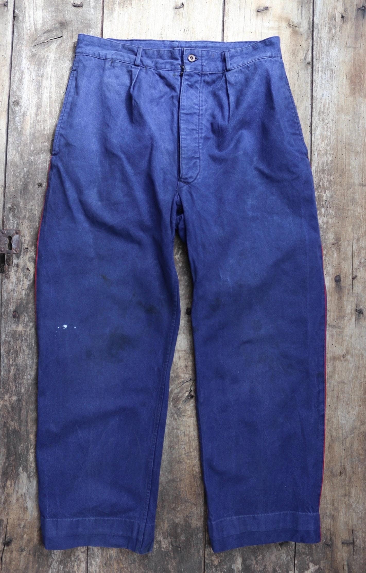 Vintage French work trousers pants 1950s 1960s indigo blue cotton twill fireman firefighter 32” x 27” workwear sapeurs pompiers