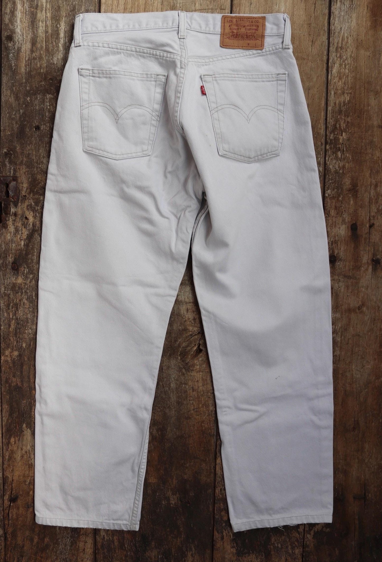 Vintage 1990s 90s Levis 517 Levi Strauss off white grey red tab small e denim jeans button fly 31” x 28” mod