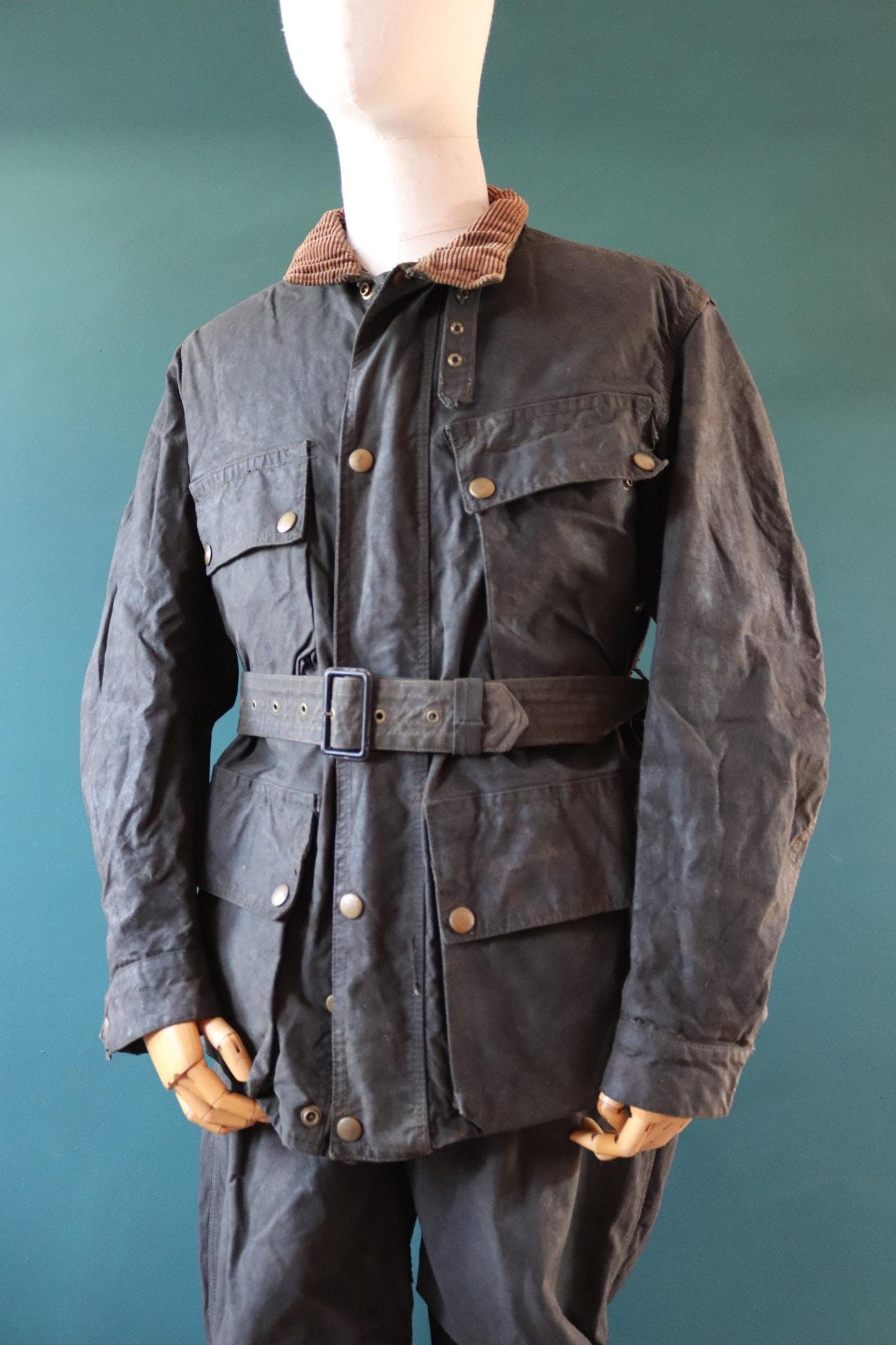 Vintage 1950s 50s Belstaff Trialmaster chequered flag waxed cotton motorcycle jacket trousers full suit 45" chest trial bike racing