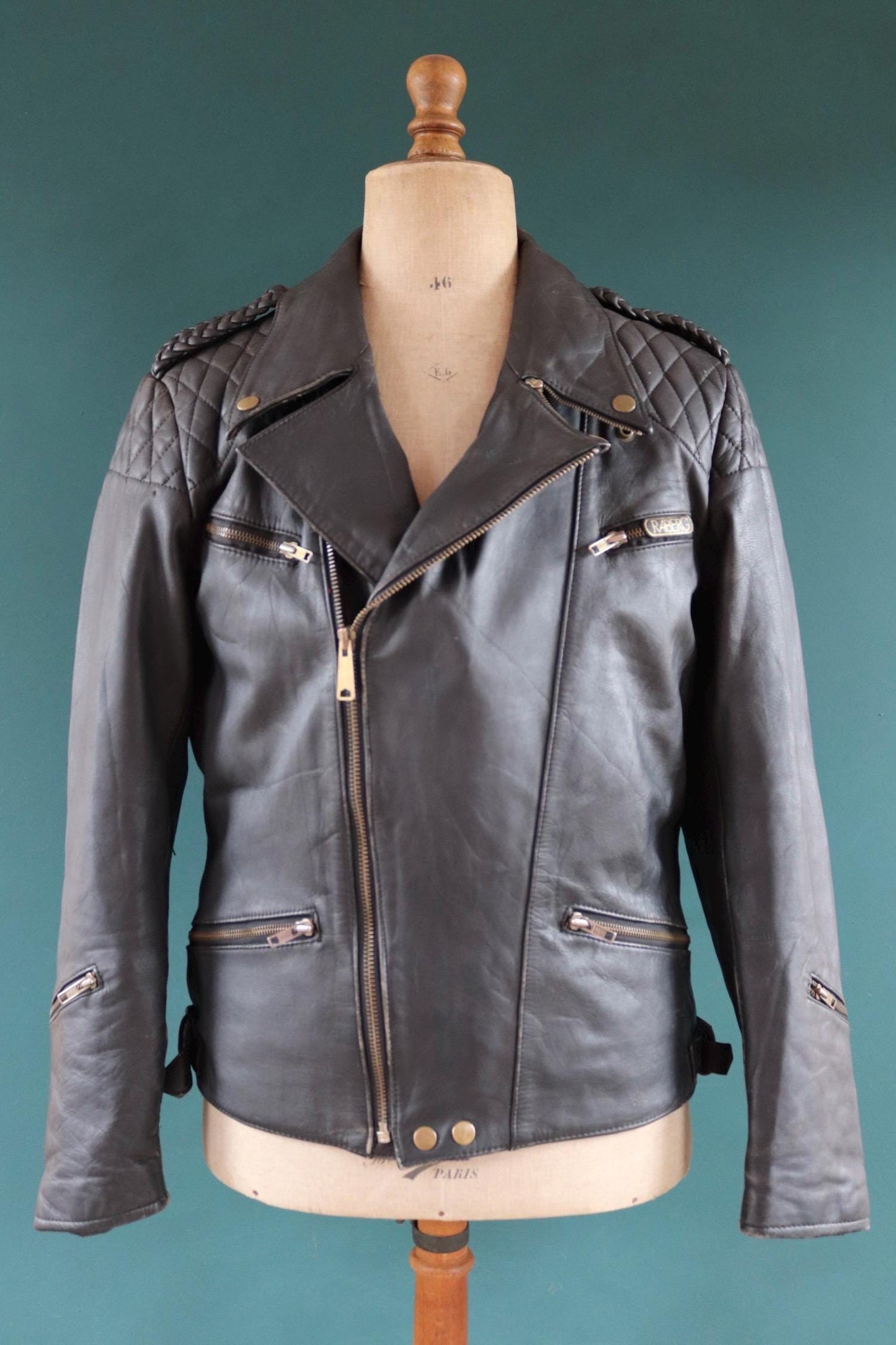 Vintage 1980s 90s black leather biker jacket - German motorcycle - plaited epaulettes - 44” chest