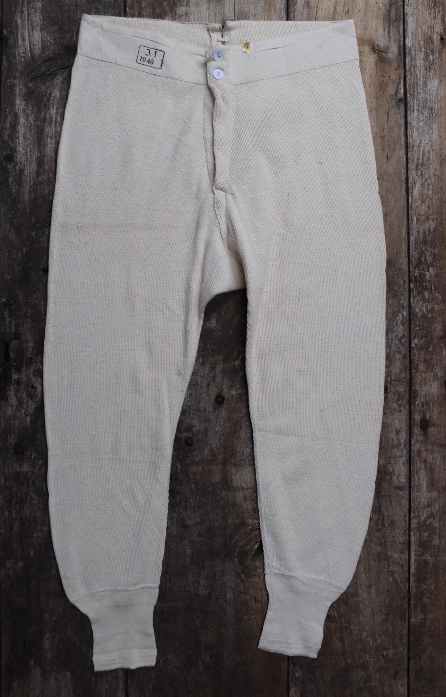 Vintage 1940s WW2 Swedish military underwear - ecru white ribbed cotton long johns - thermal loungewear - 34" x 26"
