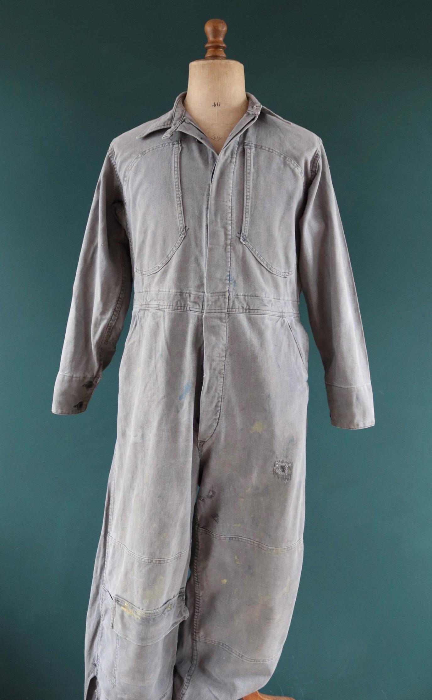 Vintage 1940s 40s 1950s 50s Swedish black cotton denim overalls coveralls mechanic tank crew military work chore workwear 44” x 36” x 27”