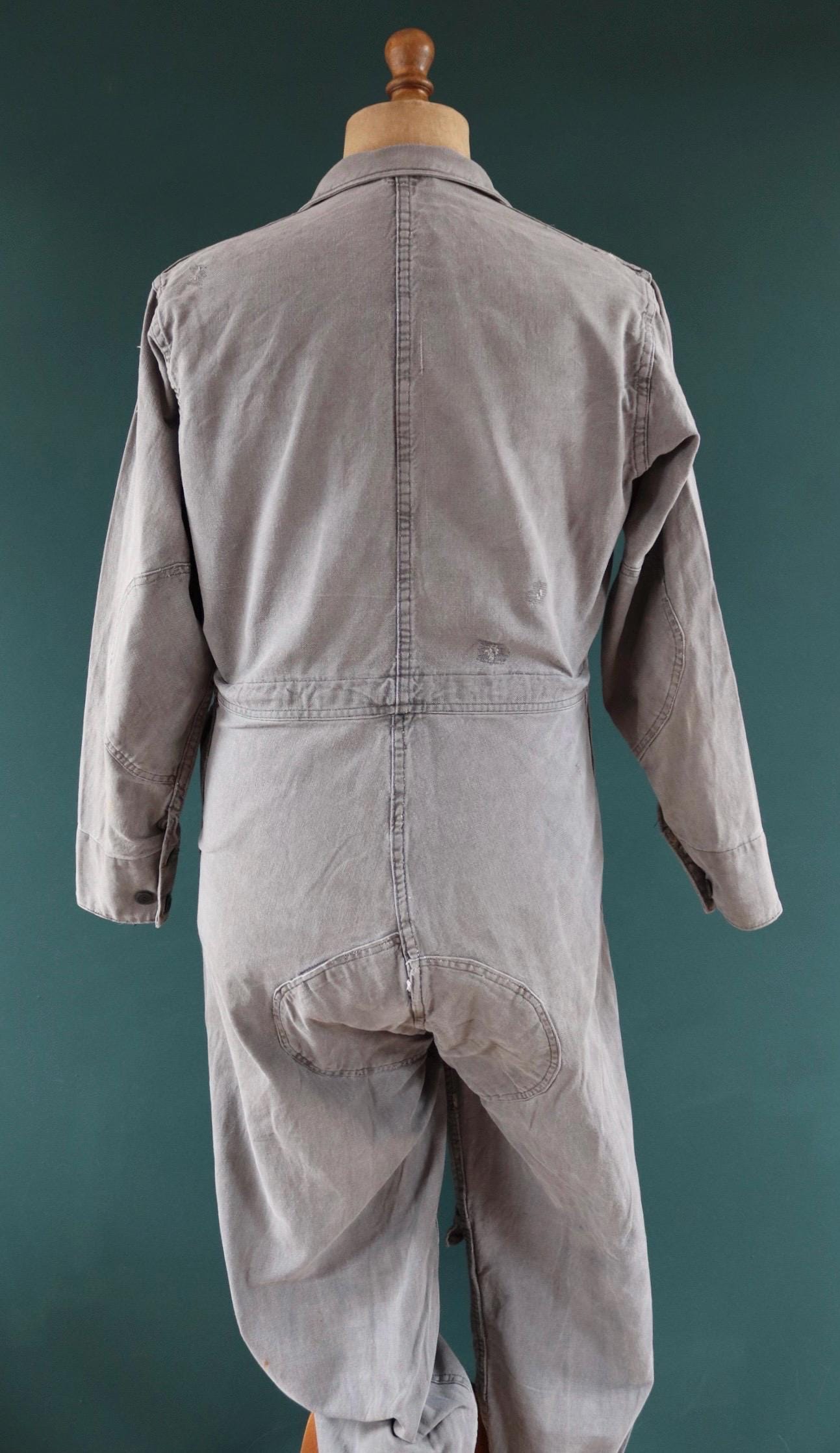 Vintage 1940s 40s 1950s 50s Swedish black cotton denim overalls coveralls mechanic tank crew military work chore workwear 44” x 36” x 27”