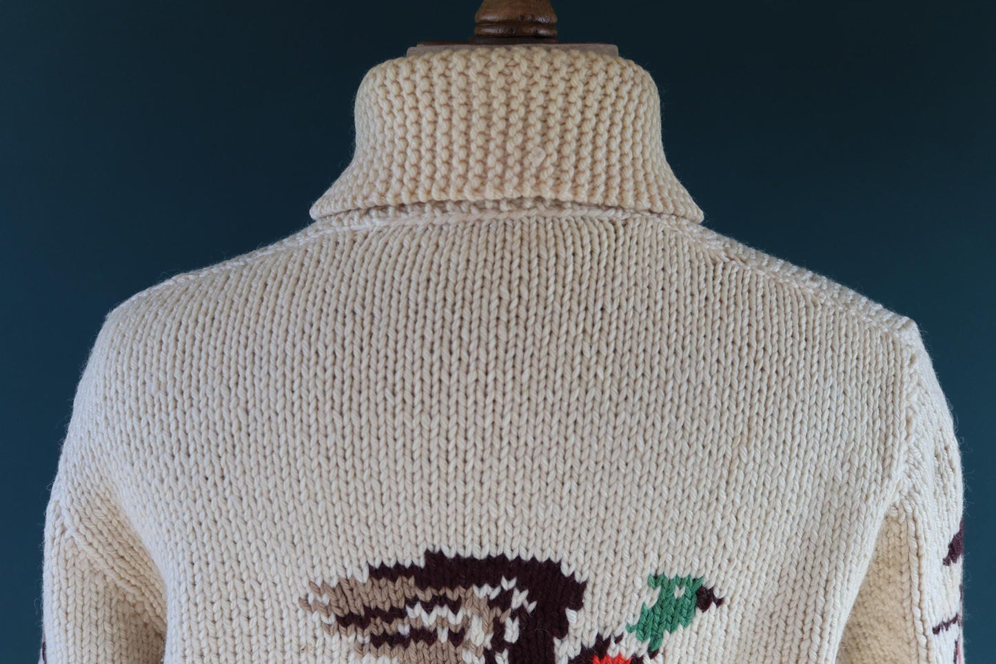 Vintage 1960s 60s hand knitted cream brown red thick wool cowichan sweater cardigan jumper knit zipper shawl collar 46” chest pheasant hunt