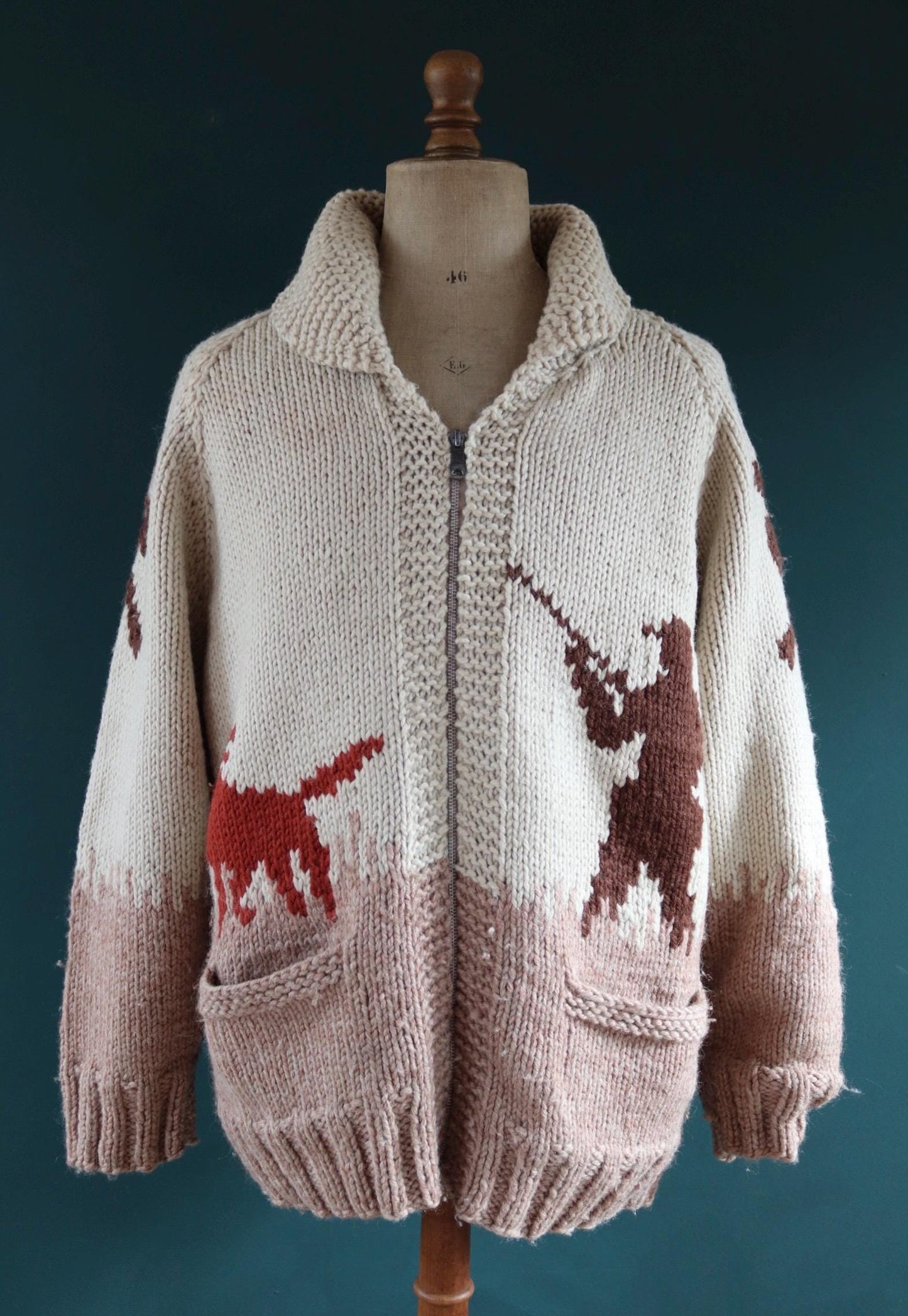 Vintage 1960s 60s hand knitted cream brown red thick wool cowichan sweater cardigan jumper knit zipper shawl collar 48” chest pheasant hunt