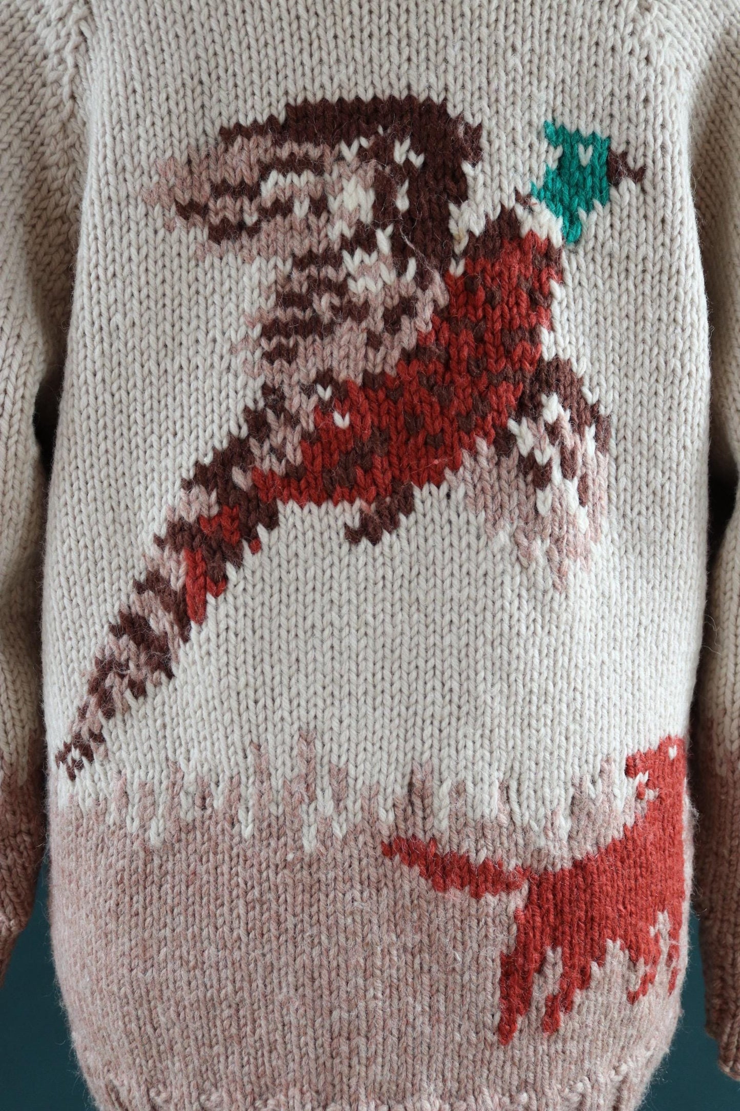 Vintage 1960s 60s hand knitted cream brown red thick wool cowichan sweater cardigan jumper knit zipper shawl collar 48” chest pheasant hunt
