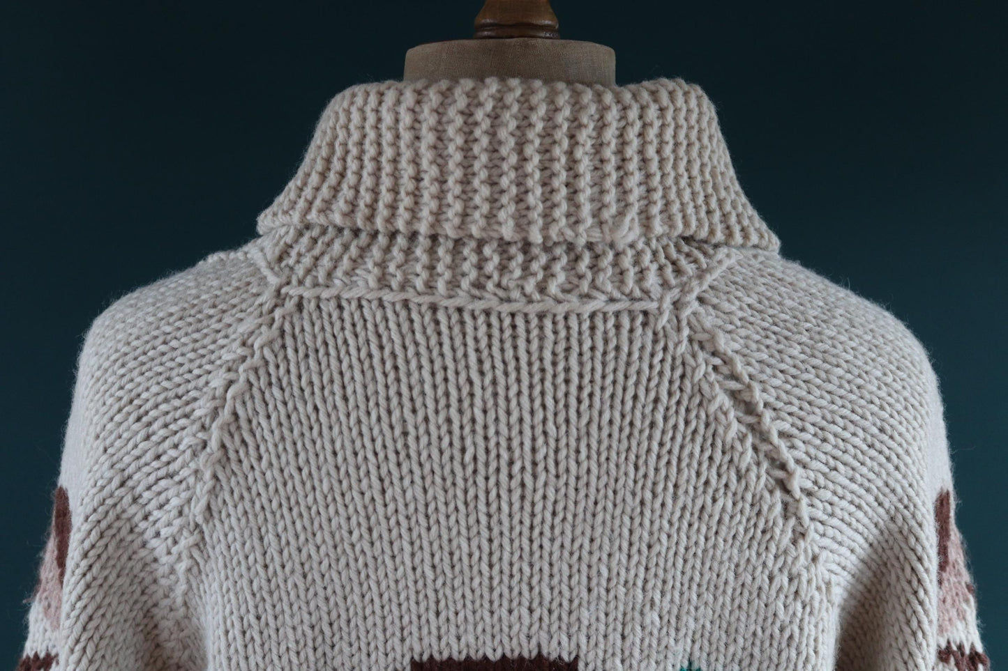 Vintage 1960s 60s hand knitted cream brown red thick wool cowichan sweater cardigan jumper knit zipper shawl collar 48” chest pheasant hunt