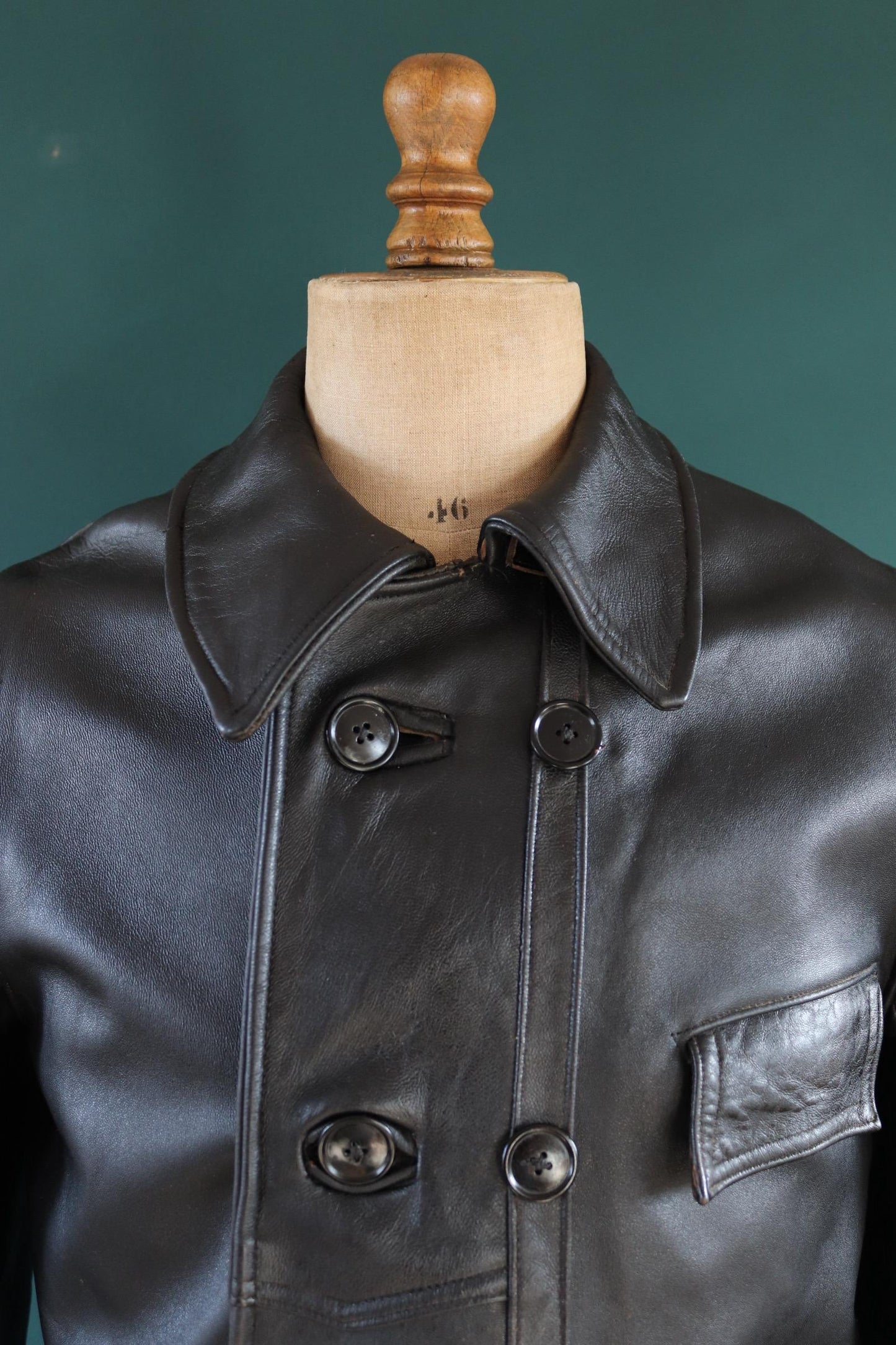 Vintage 1950s 50s 1960s 60s leather jacket French black Le Corbusier double breasted 41” chest