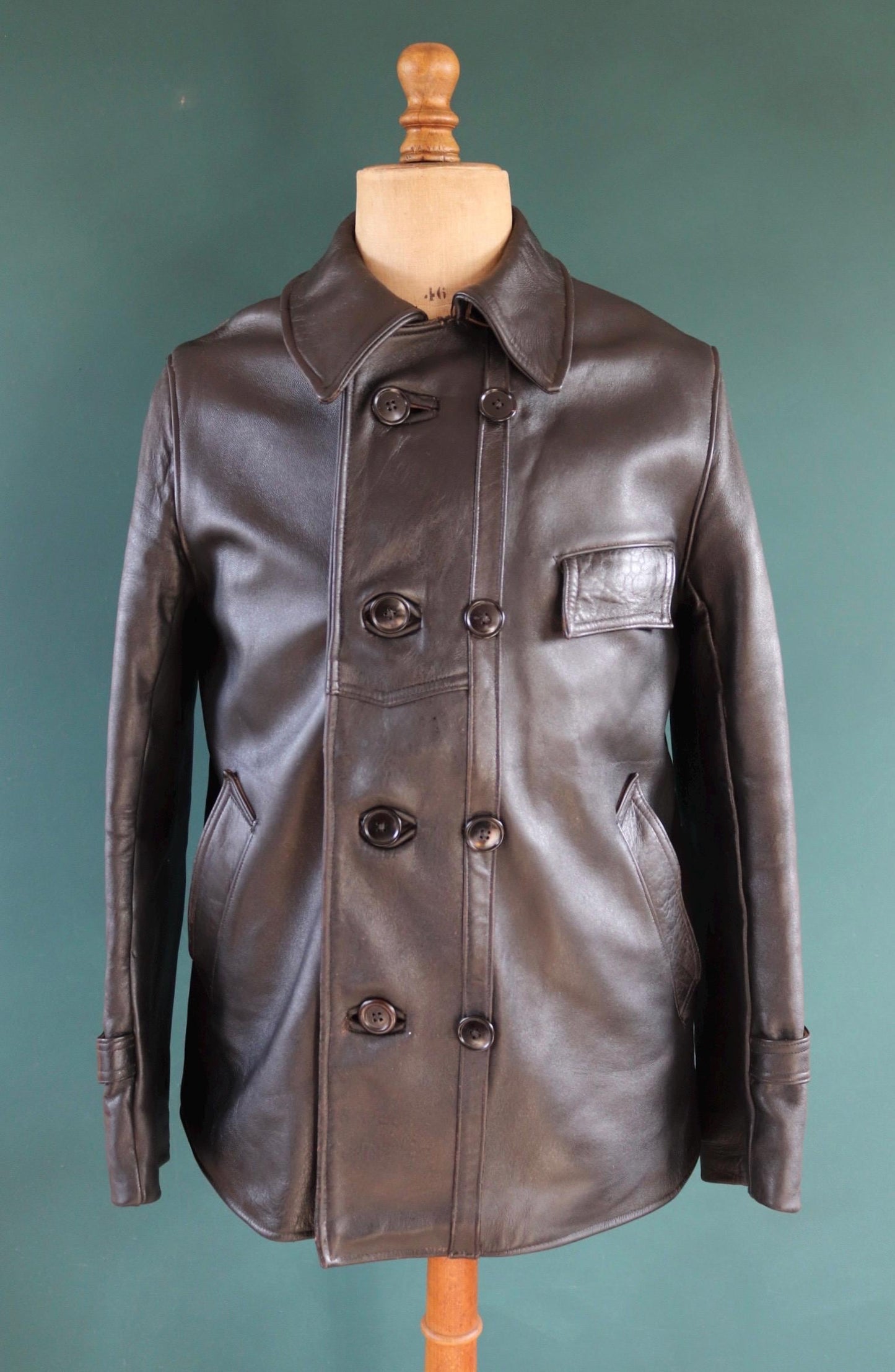Vintage 1950s 50s 1960s 60s leather jacket French black Le Corbusier double breasted 41” chest