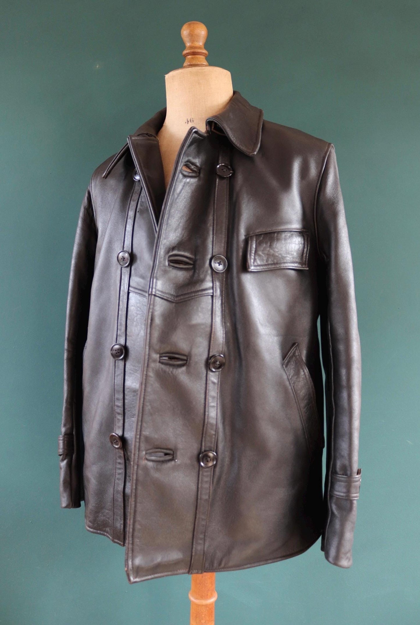 Vintage 1950s 50s 1960s 60s leather jacket French black Le Corbusier double breasted 41” chest