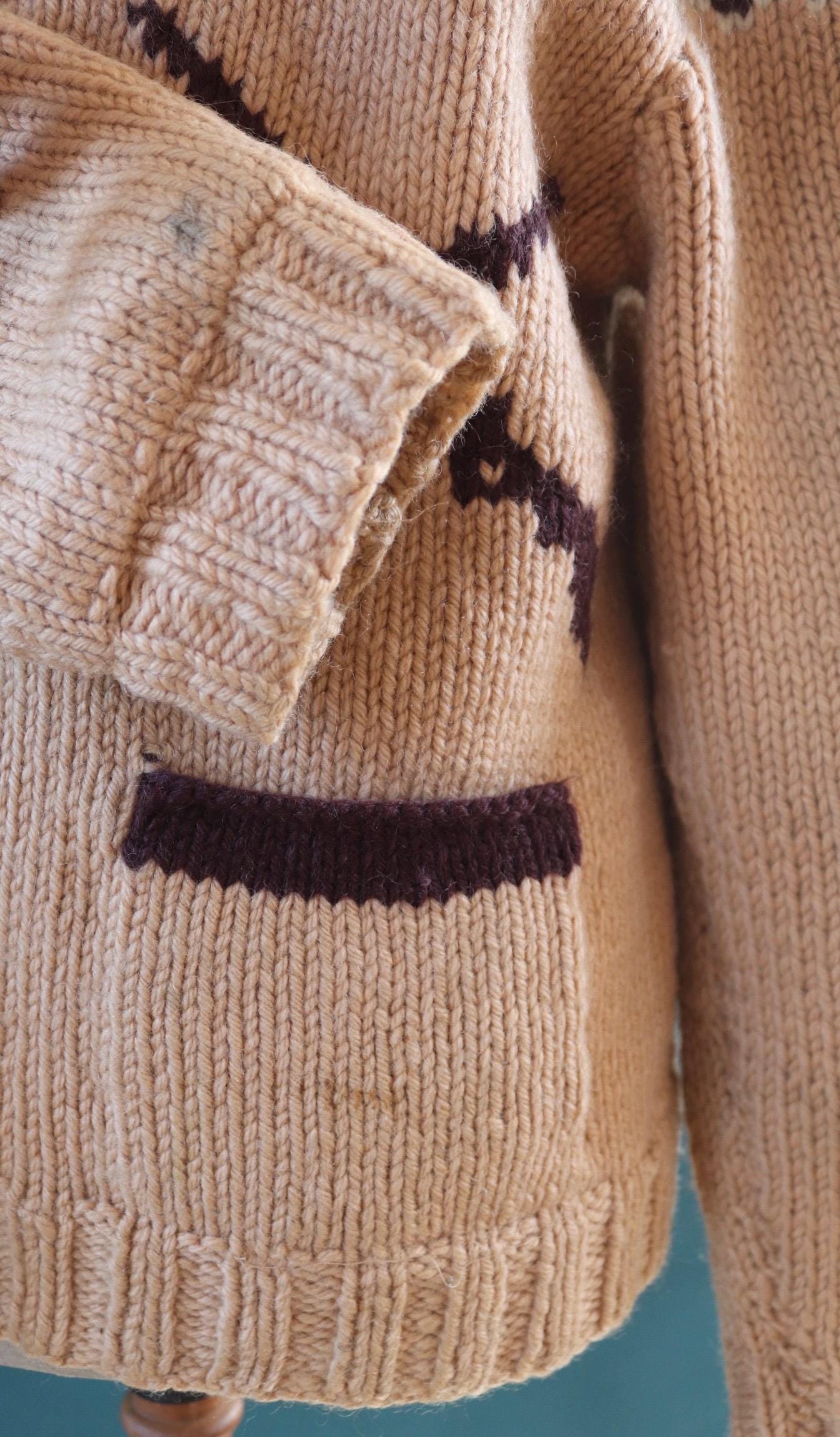 Vintage 1950 50s 1960s 60s chunky knitted wool cowichan sweater cardigan jumper hand made knit shawl collar 48” chest beagle dog hunting