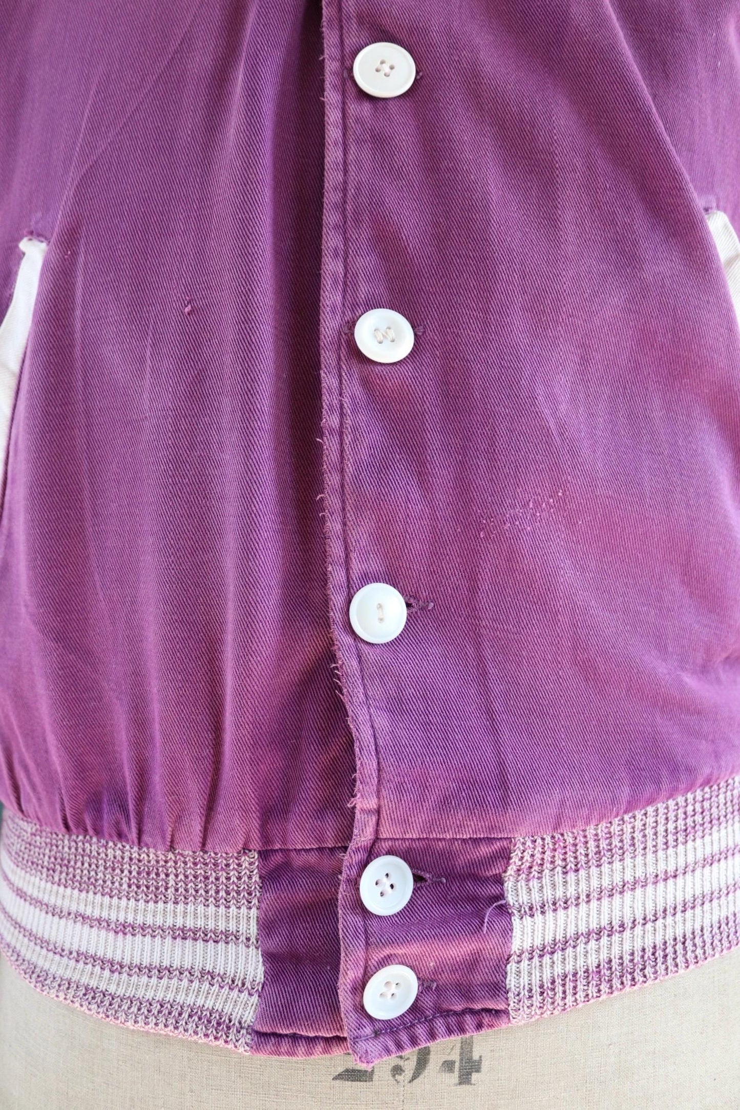 Vintage 1950s 50s purple white gabardine varsity jacket chenille patch 42" chest USA college American Ivy League style pharaoh collar