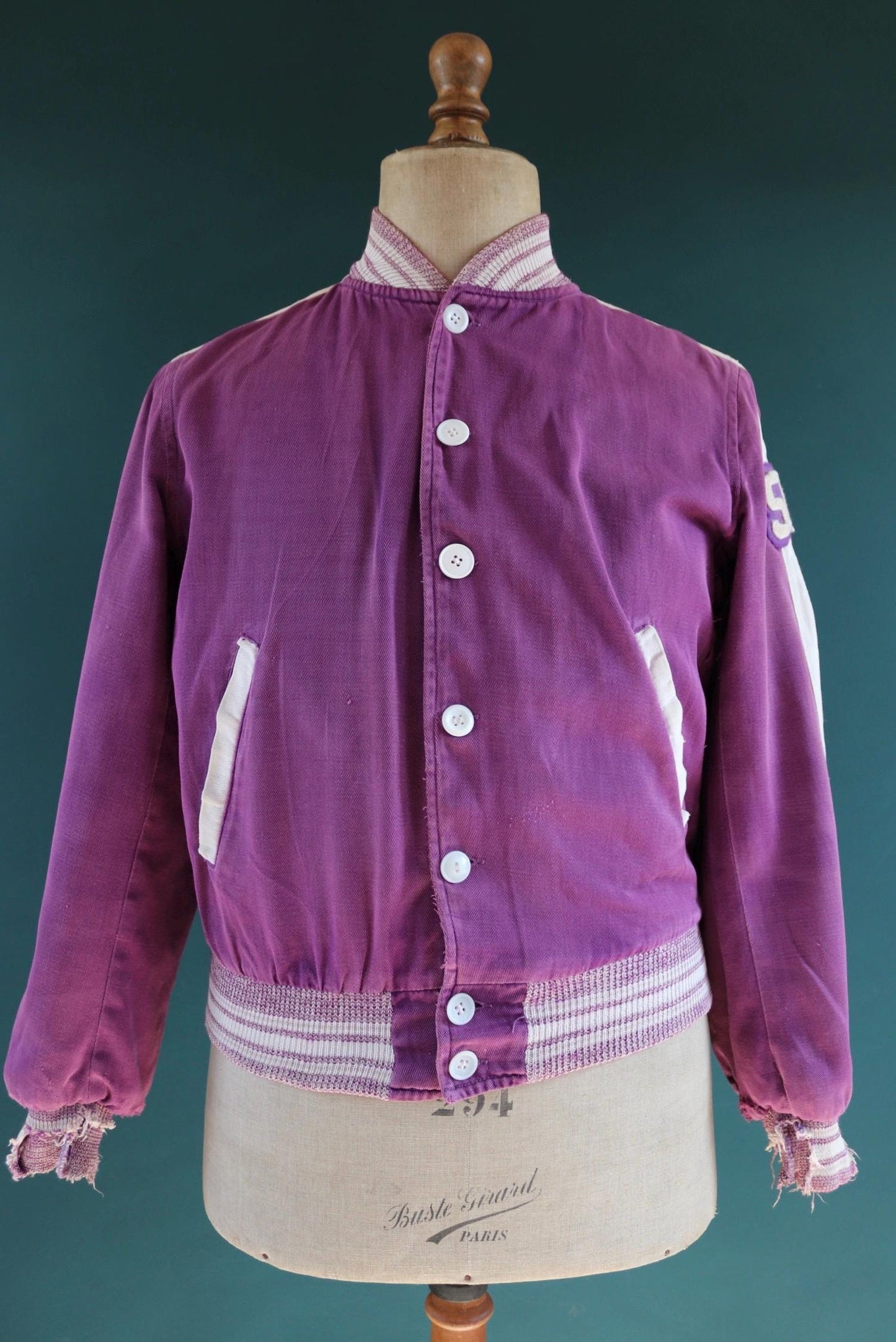 Vintage 1950s 50s purple white gabardine varsity jacket chenille patch 42" chest USA college American Ivy League style pharaoh collar