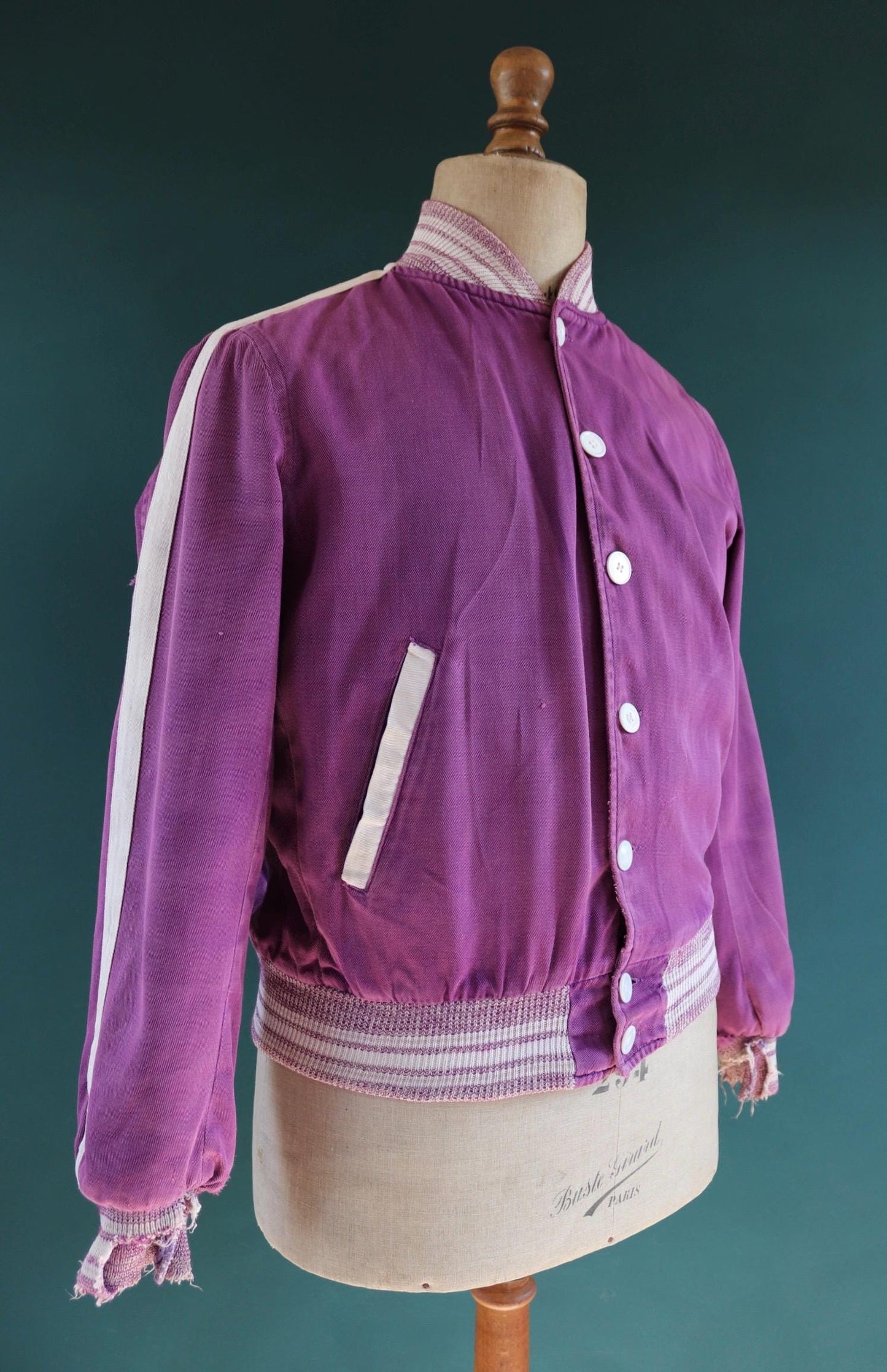 Vintage 1950s 50s purple white gabardine varsity jacket chenille patch 42" chest USA college American Ivy League style pharaoh collar