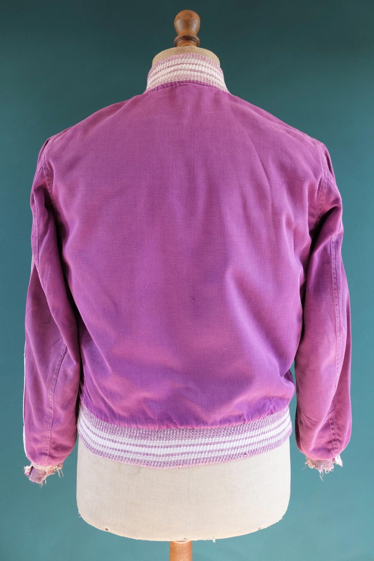 Vintage 1950s 50s purple white gabardine varsity jacket chenille patch 42" chest USA college American Ivy League style pharaoh collar