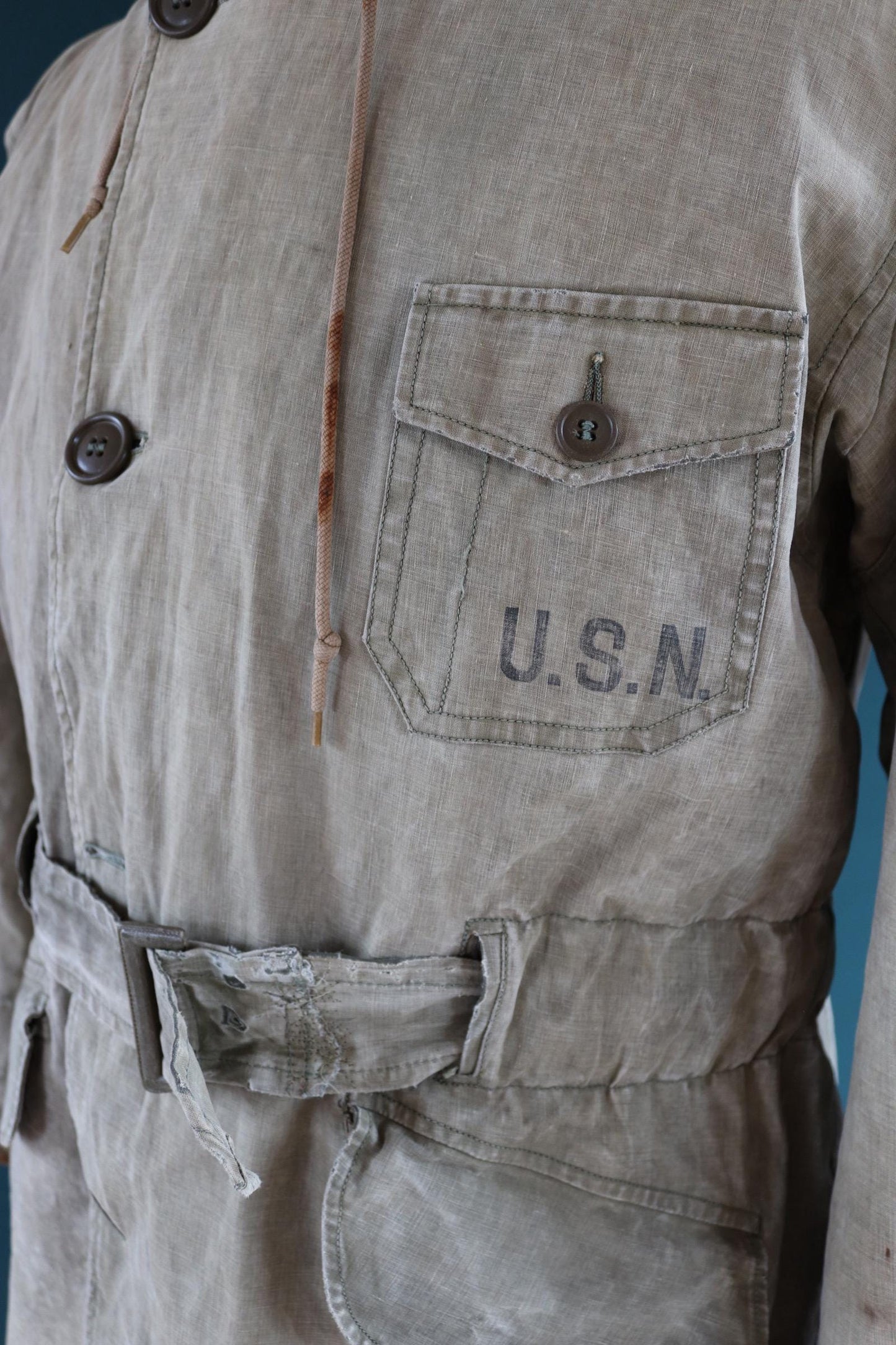 Vintage 1940s 40s WW2 USN US navy naval khaki green military overcoat parka coat jacket foul wet weather 44” chest PT boat torpedo deck