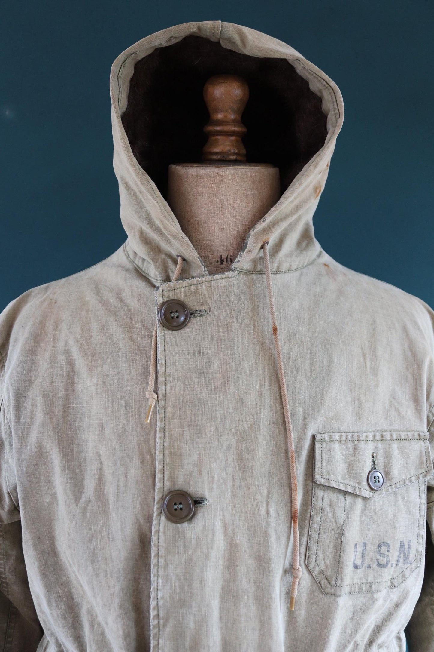 Vintage 1940s 40s WW2 USN US navy naval khaki green military overcoat parka coat jacket foul wet weather 44” chest PT boat torpedo deck