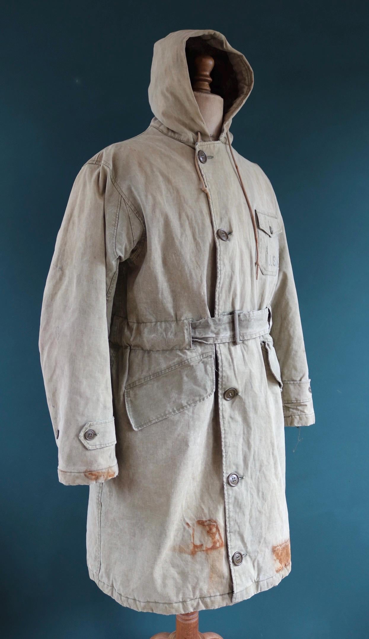 Vintage 1940s 40s WW2 USN US navy naval khaki green military overcoat parka coat jacket foul wet weather 44” chest PT boat torpedo deck