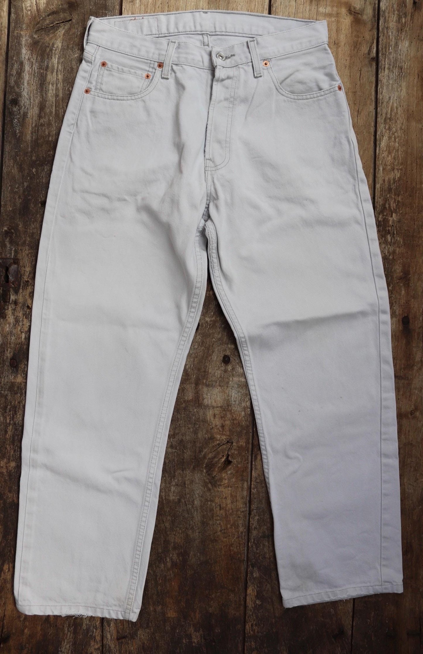 Vintage 1990s 90s Levis 517 Levi Strauss off white grey red tab small e denim jeans button fly 31” x 28” mod