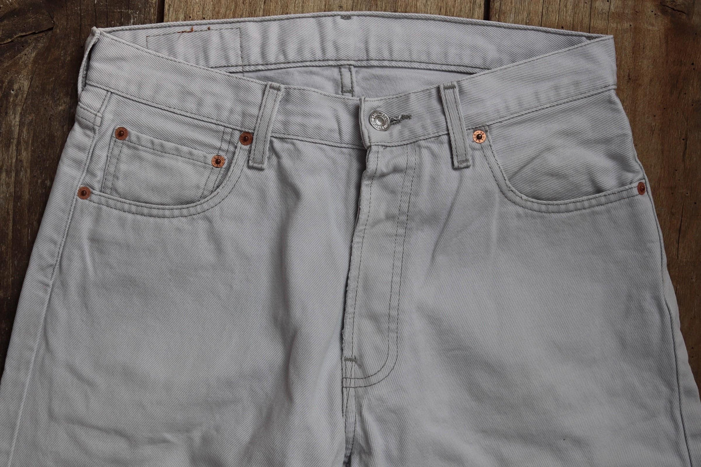 Vintage 1990s 90s Levis 517 Levi Strauss off white grey red tab small e denim jeans button fly 31” x 28” mod