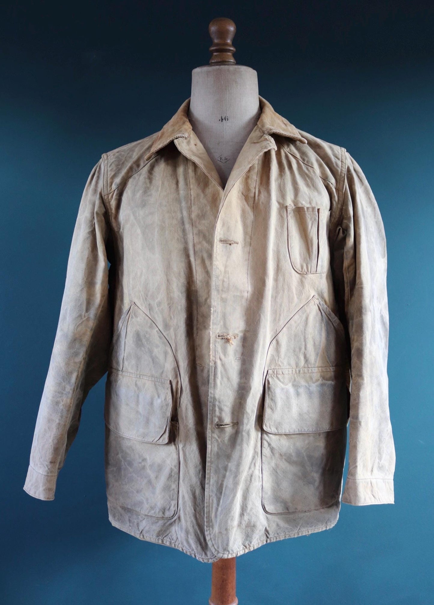 Vintage 1930s 30s 1940s 40s tin cloth duck cotton canvas hunting shooting jacket 47” chest Drybak American workwear work chore distressed