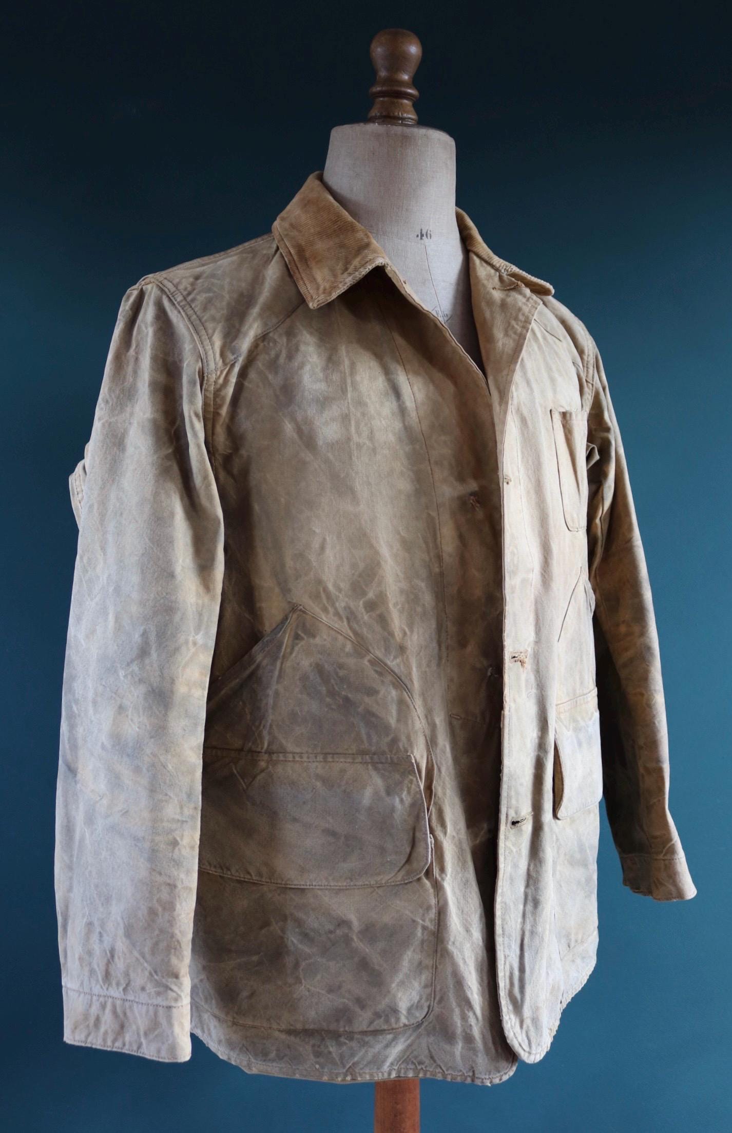Vintage 1930s 30s 1940s 40s tin cloth duck cotton canvas hunting shooting jacket 47” chest Drybak American workwear work chore distressed