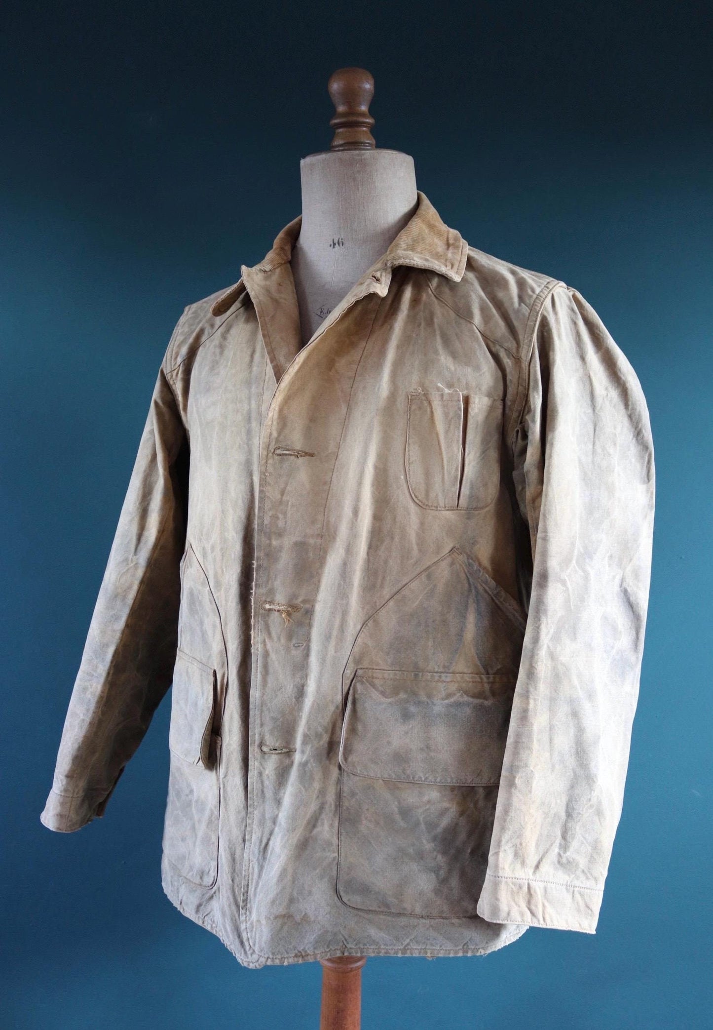 Vintage 1930s 30s 1940s 40s tin cloth duck cotton canvas hunting shooting jacket 47” chest Drybak American workwear work chore distressed