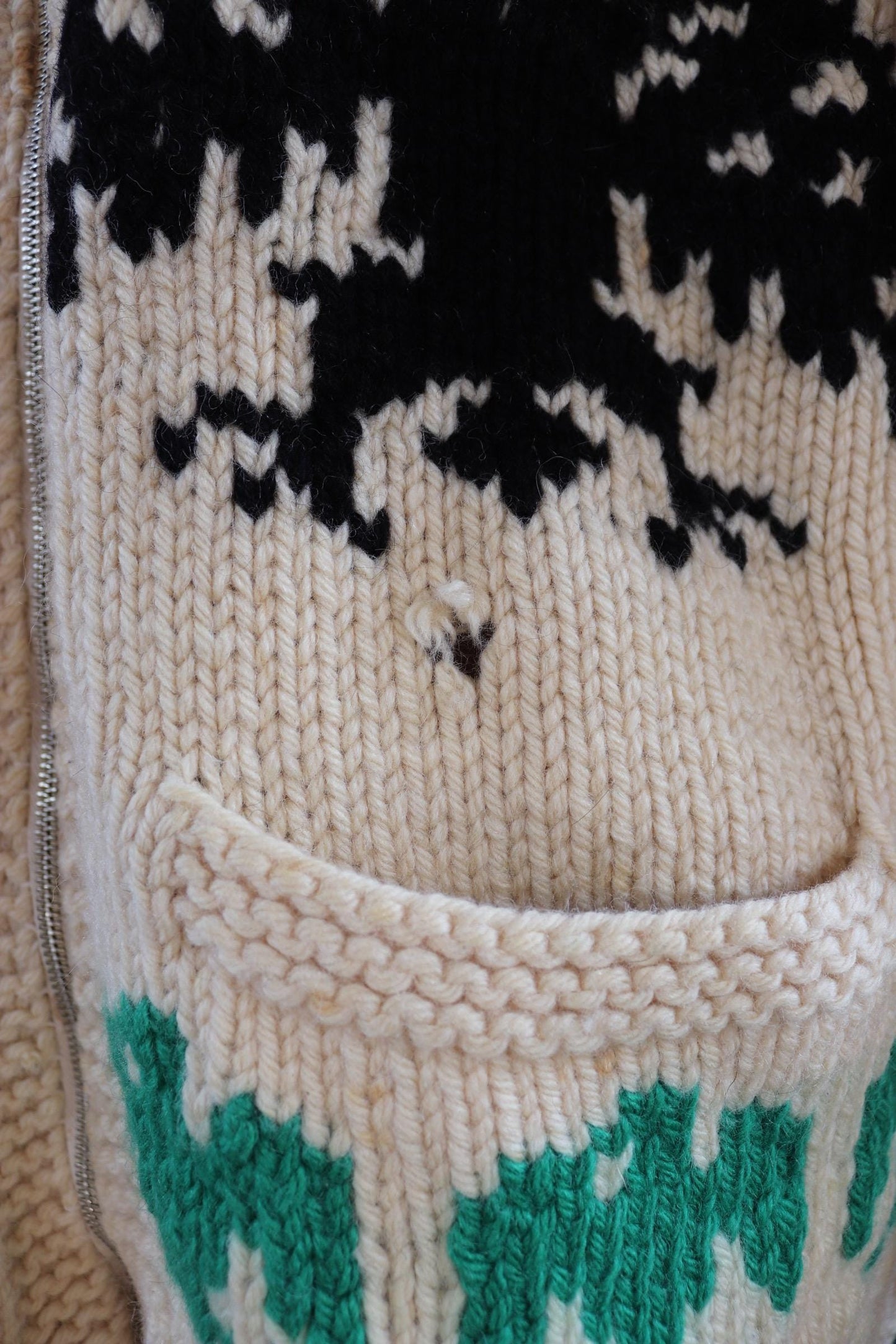 Vintage 1950 50s 1960s 60s chunky knitted wool cowichan sweater cardigan jumper novelty hand made knit thunderbird shawl collar 52” chest