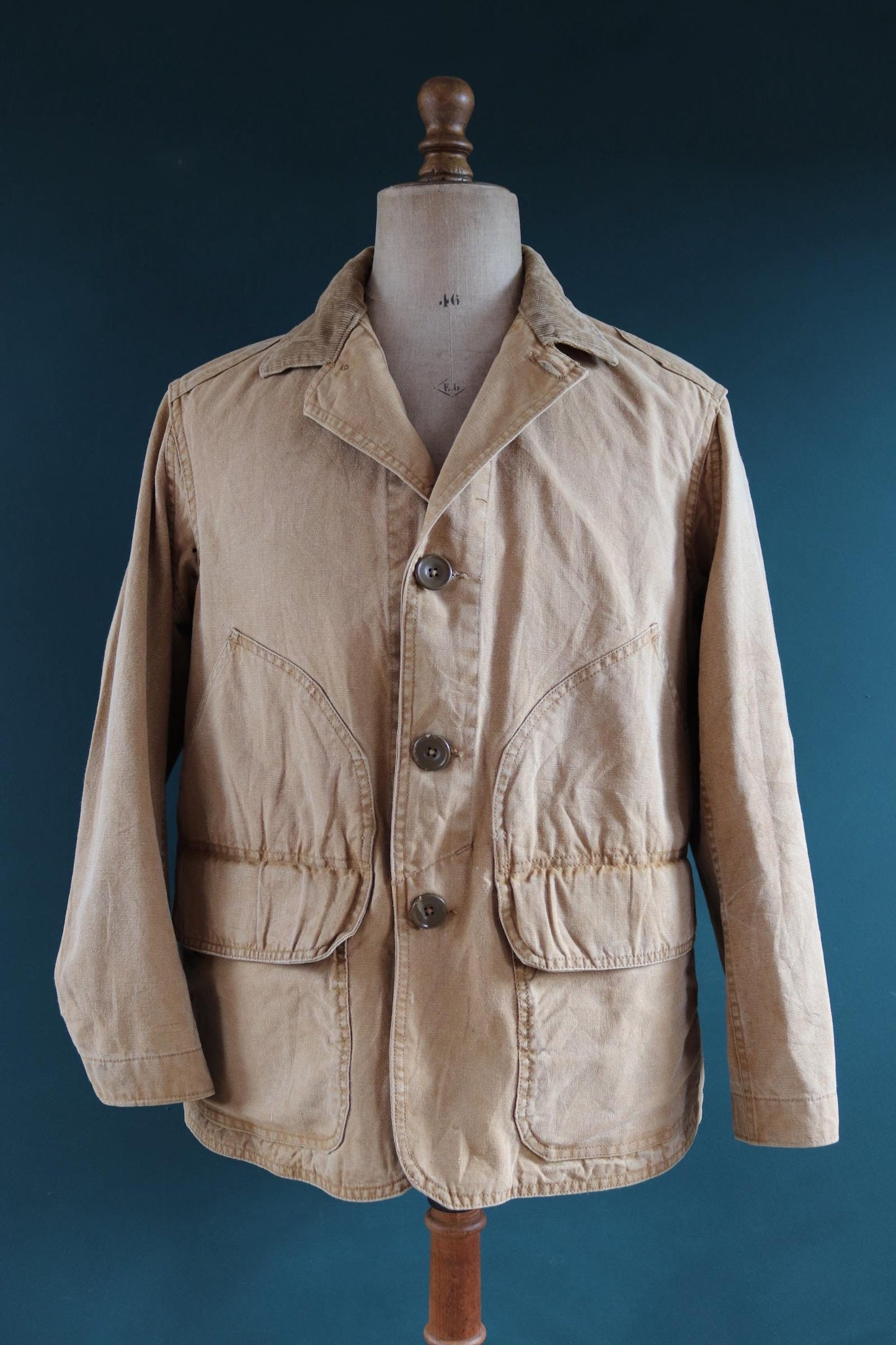 Vintage 1920s 20s 1930s 30s tin cloth duck cotton canvas hunting shooting jacket 46” chest Hettrick American workwear work chore