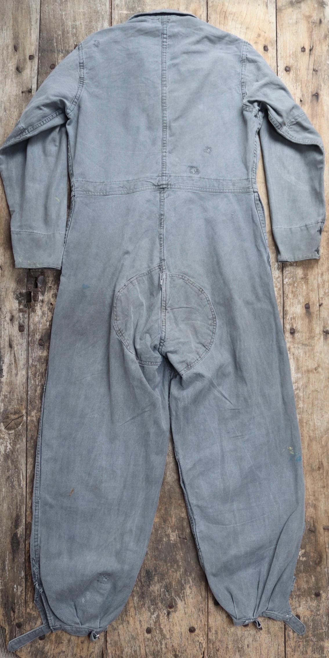 Vintage 1940s 40s 1950s 50s Swedish black cotton denim overalls coveralls mechanic tank crew military work chore workwear 44” x 36” x 27”
