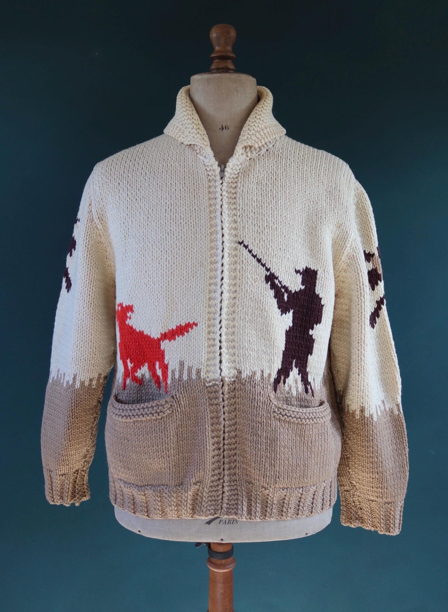 Vintage 1960s 60s hand knitted cream brown red thick wool cowichan sweater cardigan jumper knit zipper shawl collar 46” chest pheasant hunt