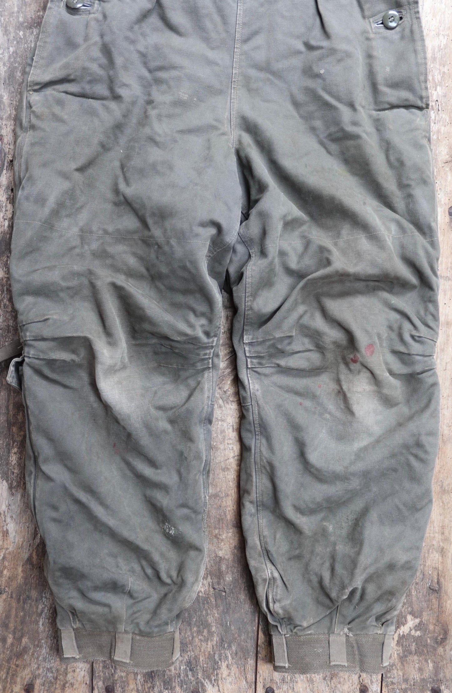 Vintage 1950s 50s Swedish army Oljon green cotton canvas insulated pile military motorcycle tank overalls dungarees workwear work 35” x 30”
