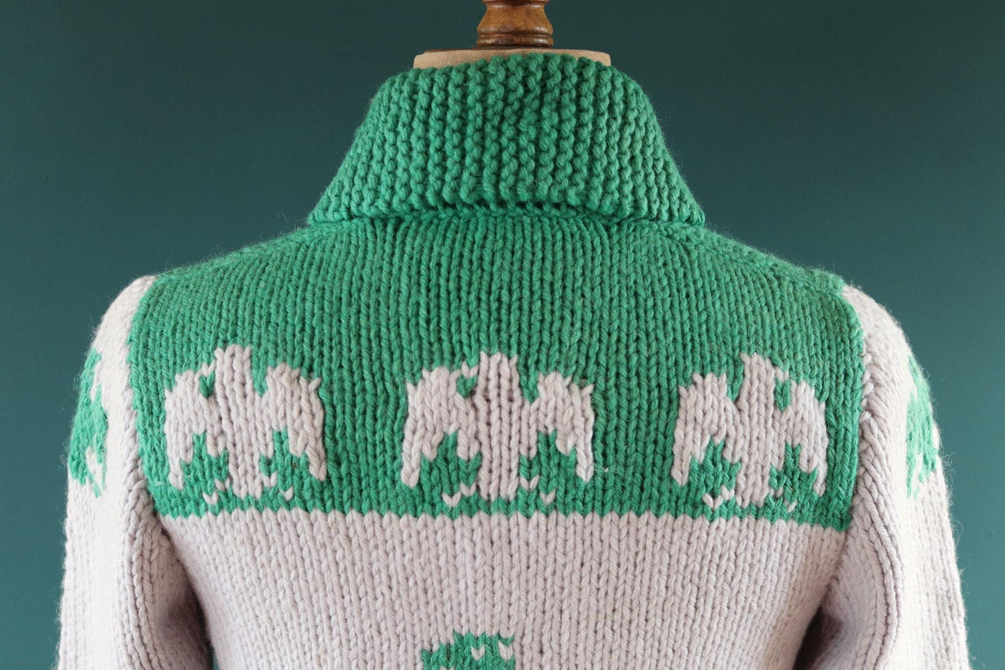 Vintage 1950 50s 1960s 60s chunky knitted wool cowichan sweater cardigan jumper novelty hand made knit thunderbird shawl collar 41” chest