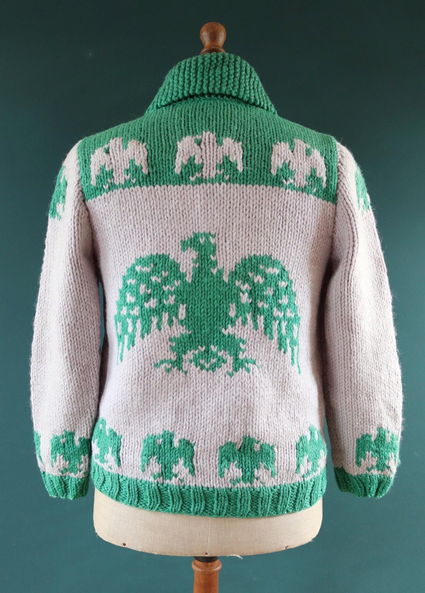 Vintage 1950 50s 1960s 60s chunky knitted wool cowichan sweater cardigan jumper novelty hand made knit thunderbird shawl collar 41” chest