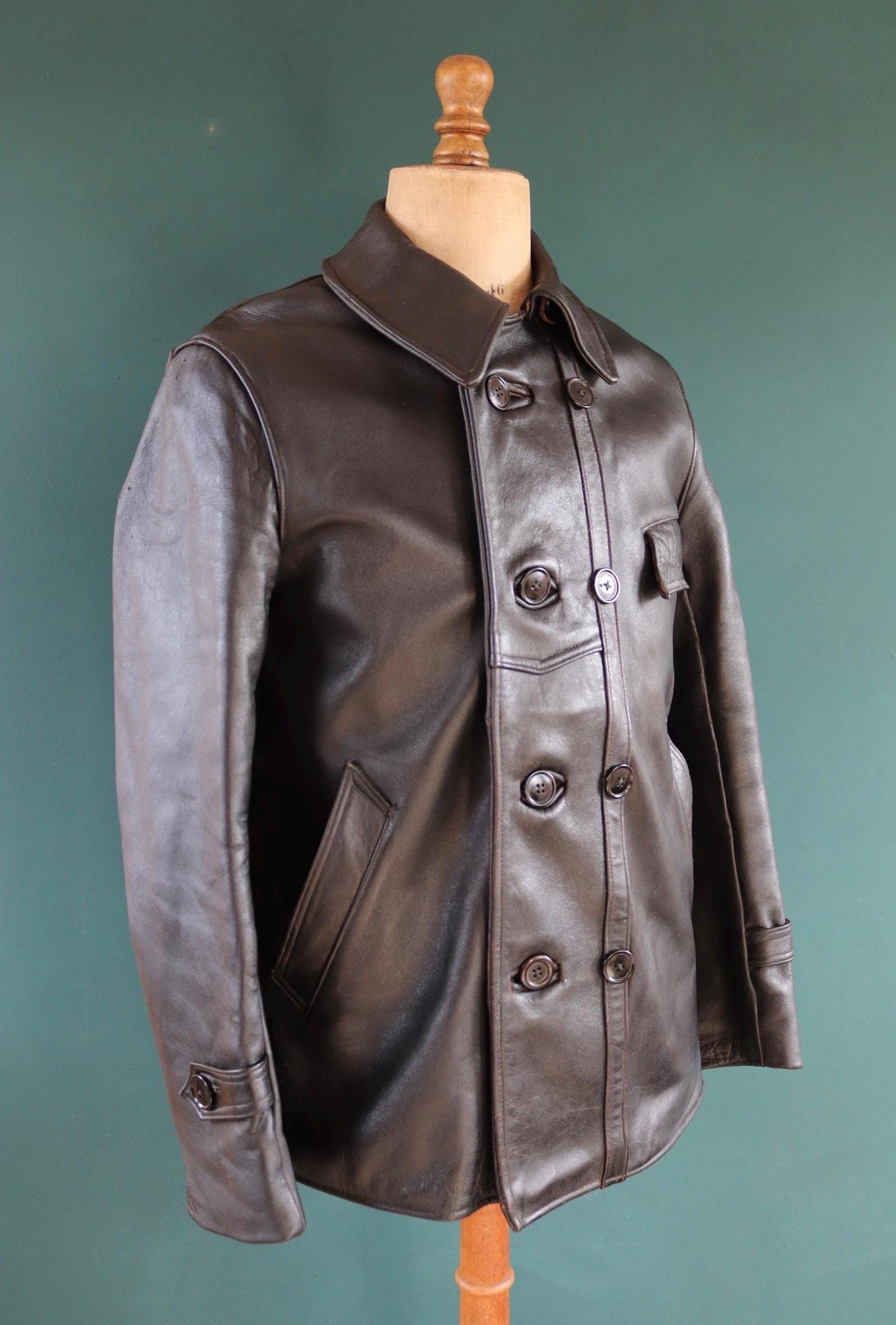 Vintage 1950s 50s 1960s 60s leather jacket French black Le Corbusier double breasted 41” chest